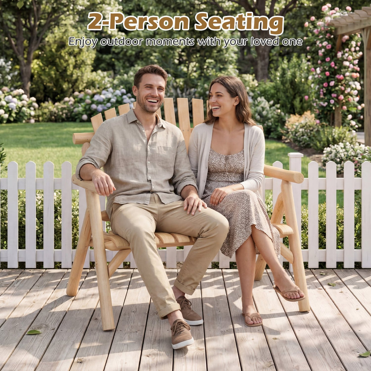 2-Person Log Wood Patio Bench with Slatted Backrest for Deck Backyard-Natural-Outdoor Benches-DECOROLALA