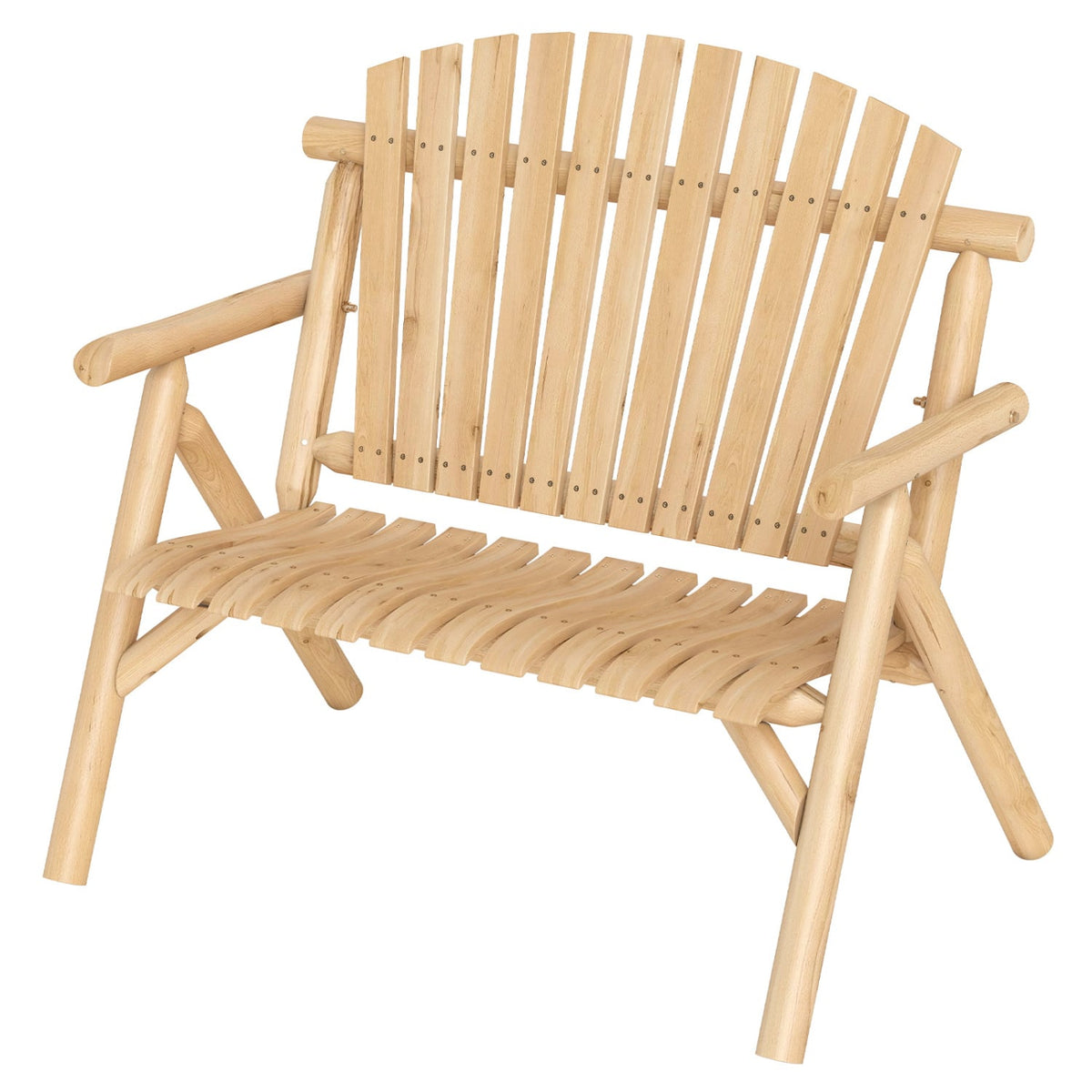 2-Person Log Wood Patio Bench with Slatted Backrest for Deck Backyard-Natural-Outdoor Benches-DECOROLALA