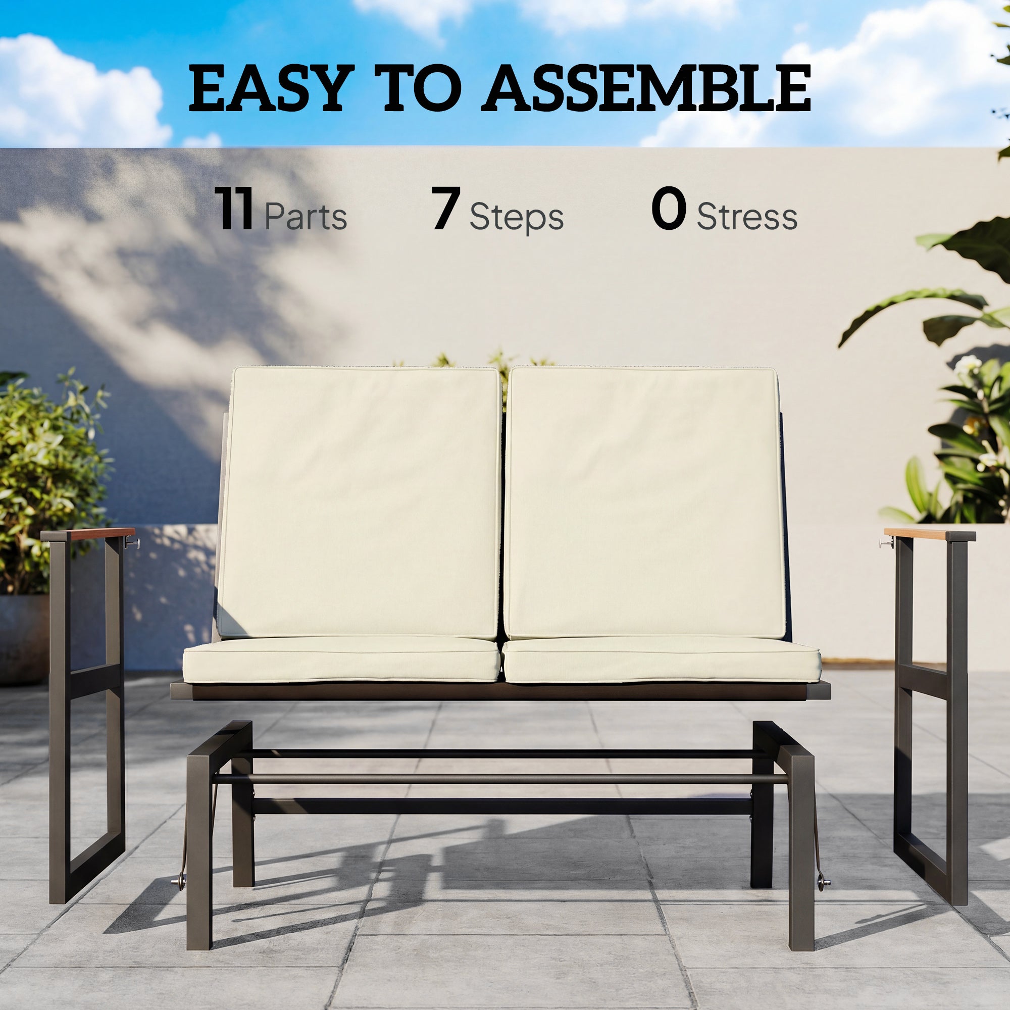 2-Person Outdoor Glider Bench with Thick Cushions - Cream White-DECOROLALA