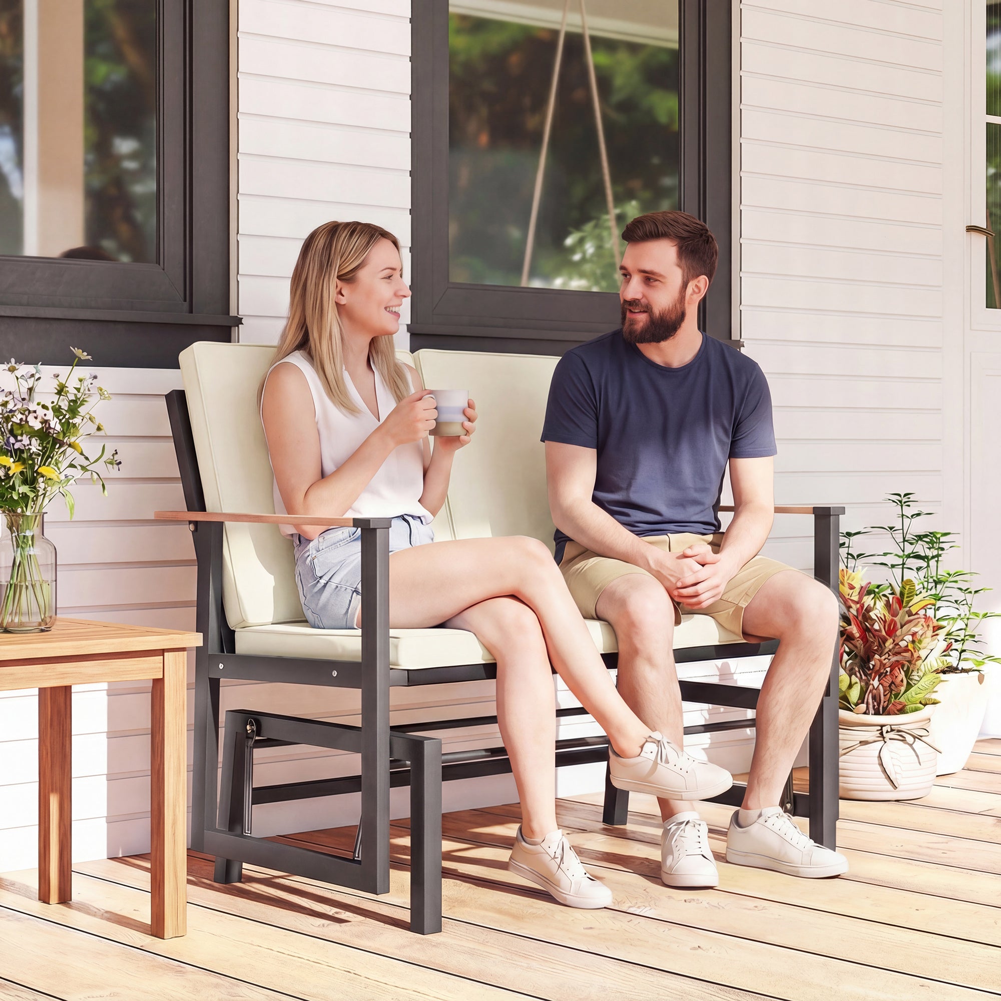 2-Person Outdoor Glider Bench with Thick Cushions - Cream White-DECOROLALA