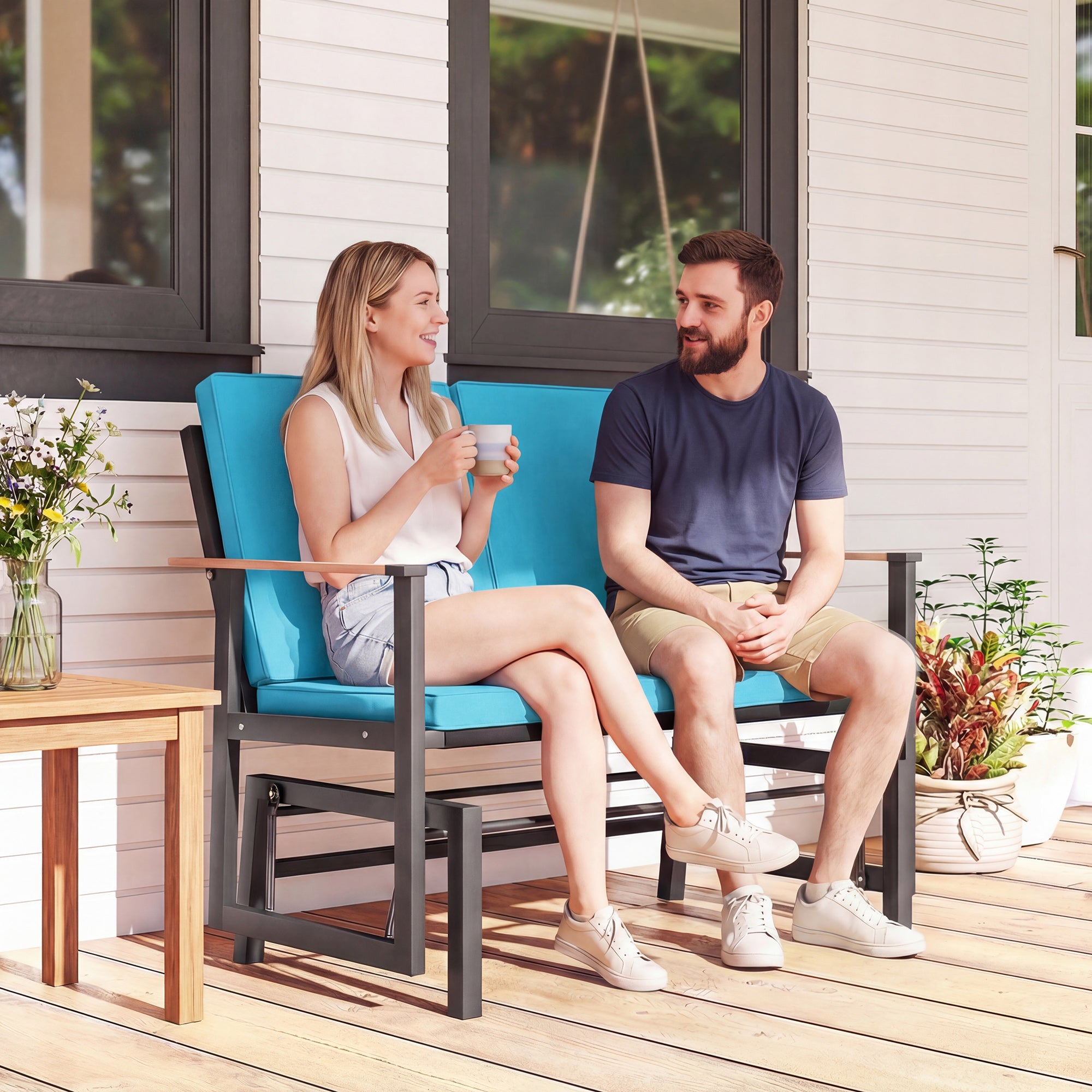 2-Person Outdoor Glider Bench with Thick Cushions - Navy Blue-DECOROLALA