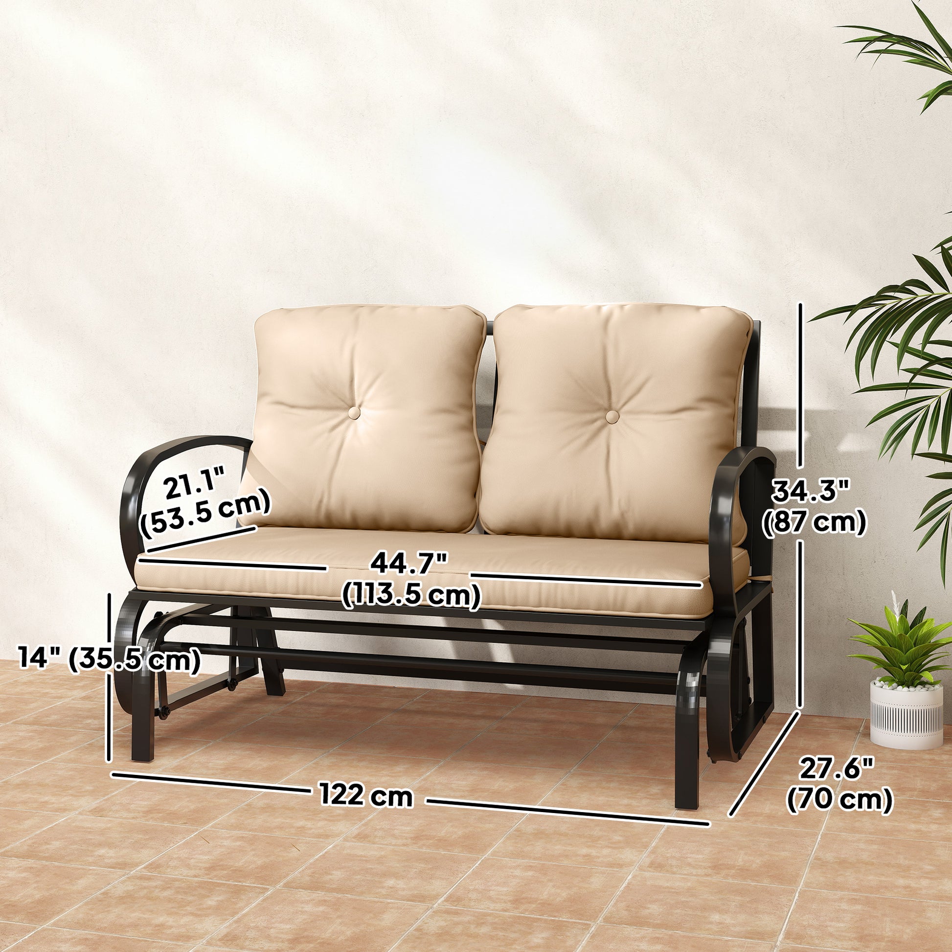 2-Person Outdoor Glider Chair, Khaki Steel Frame Patio Loveseat with Cushions-DECOROLALA