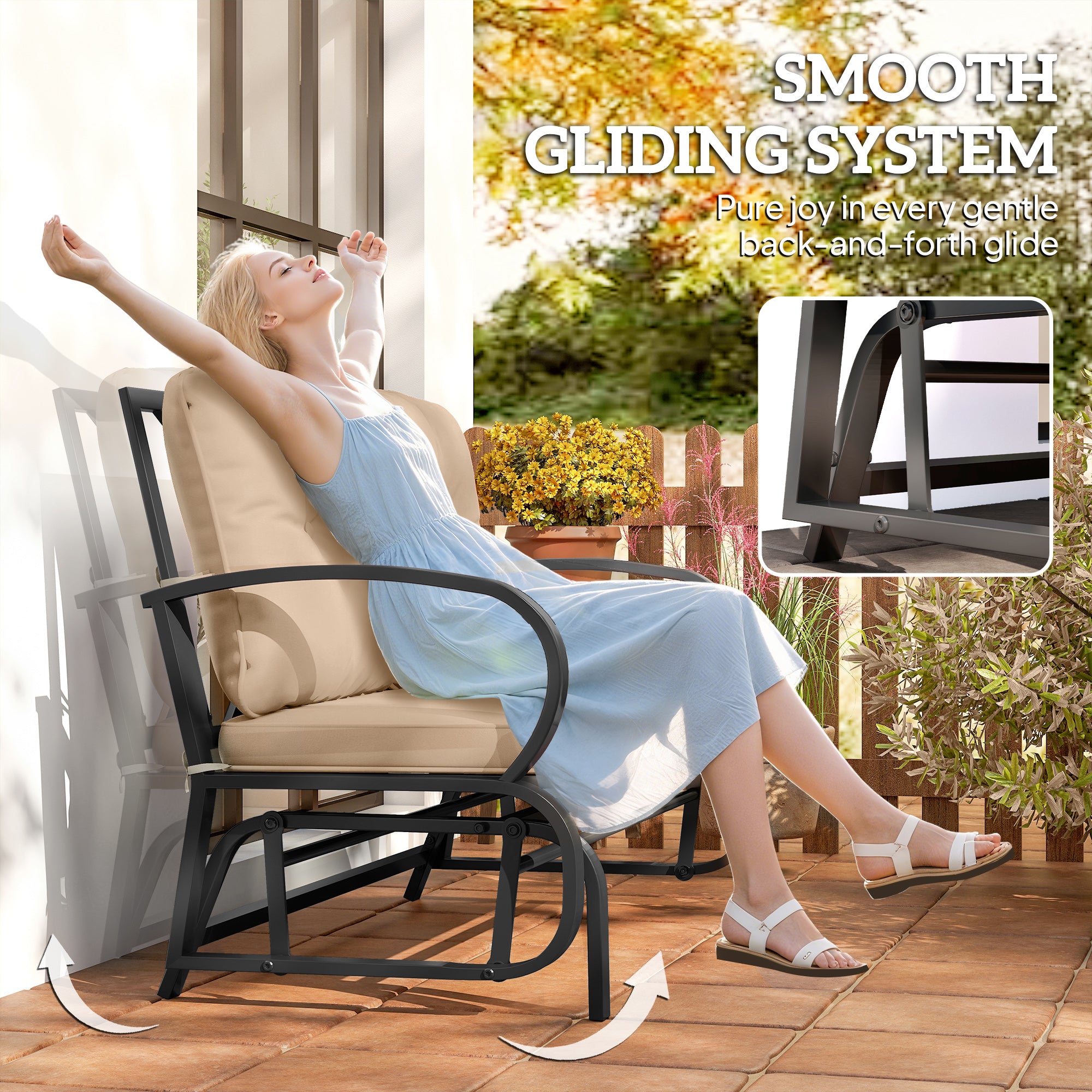 2-Person Outdoor Glider Chair, Khaki Steel Frame Patio Loveseat with Cushions-DECOROLALA