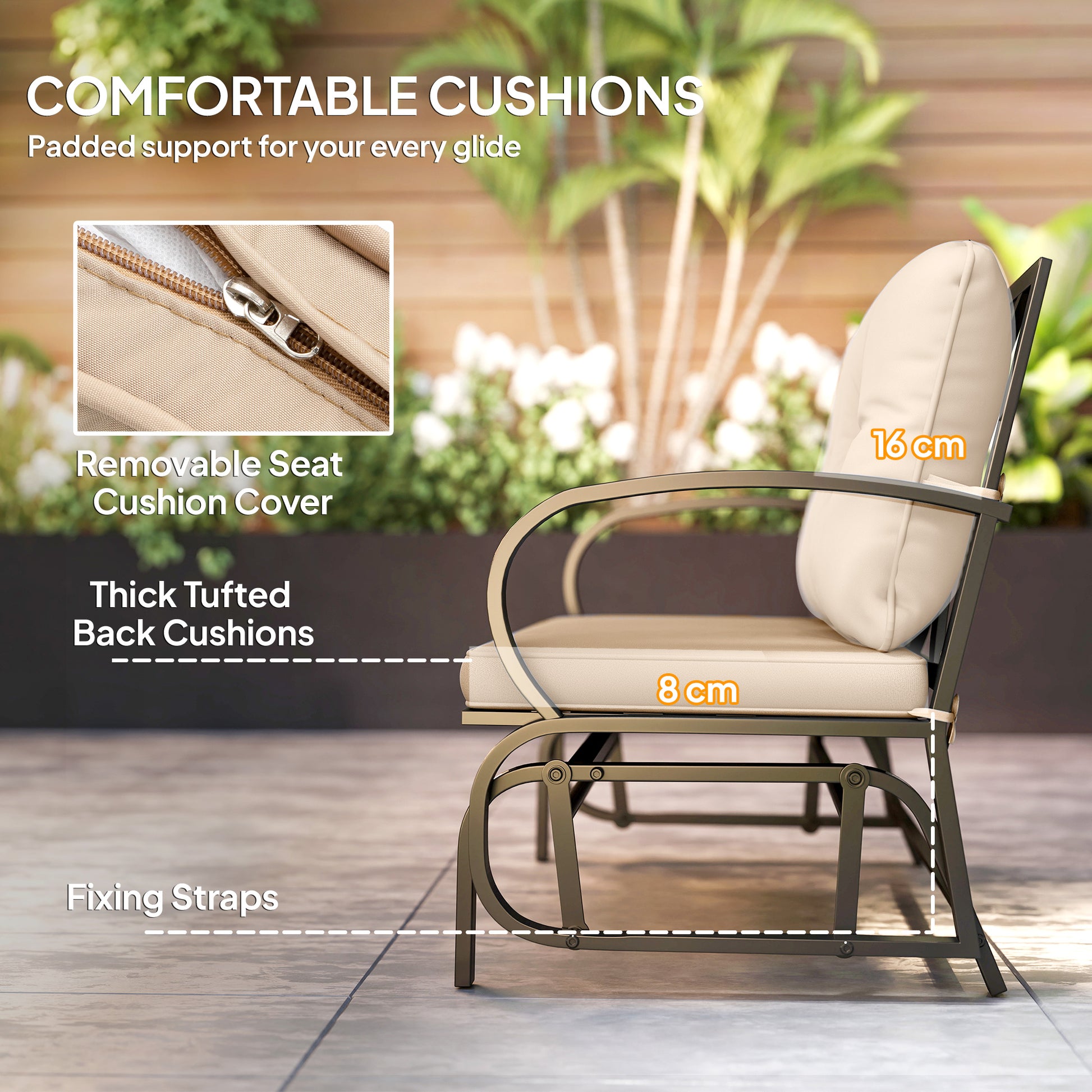 2-Person Outdoor Glider Chair, Khaki Steel Frame Patio Loveseat with Cushions-DECOROLALA