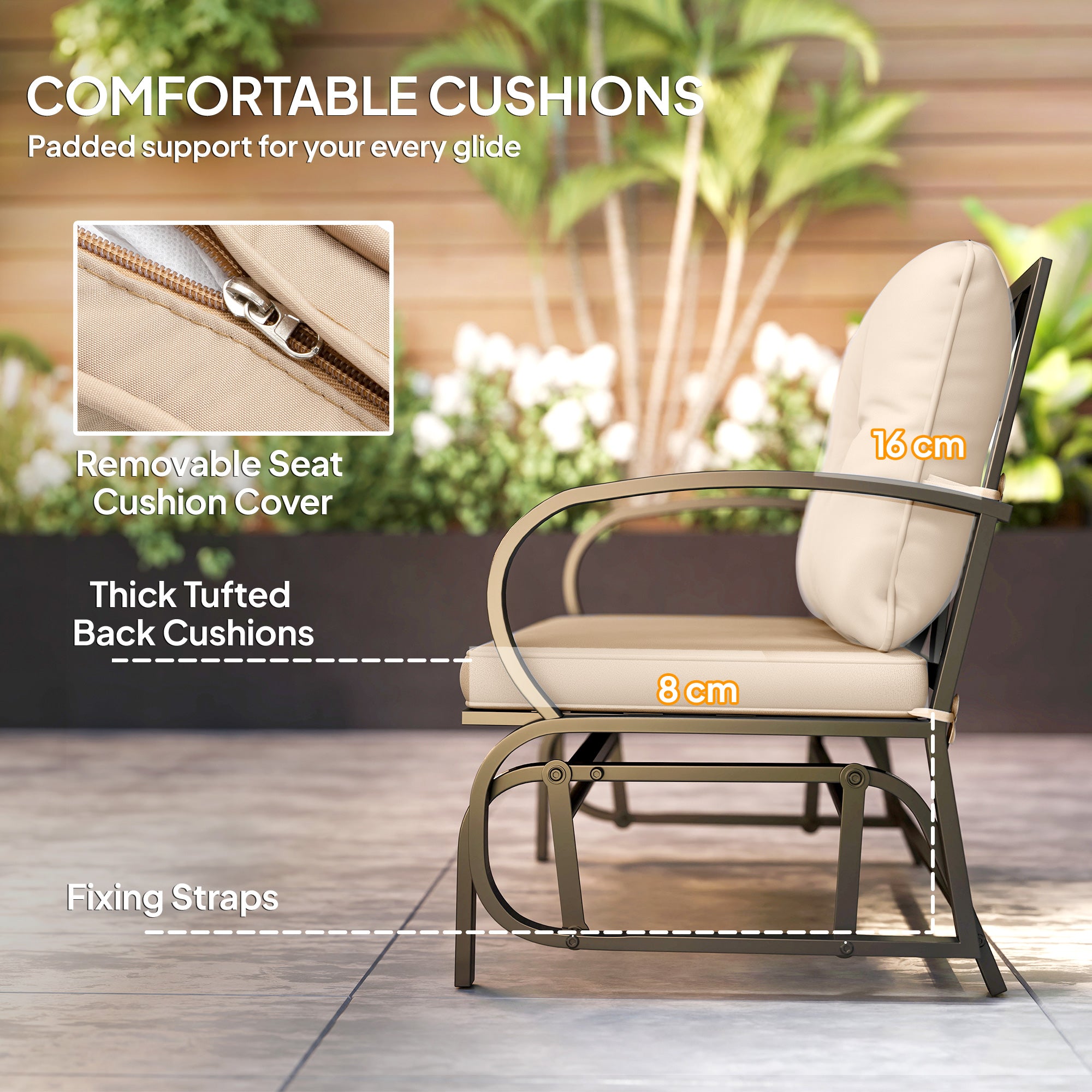 2-Person Outdoor Glider Chair, Khaki Steel Frame Patio Loveseat with Cushions-DECOROLALA
