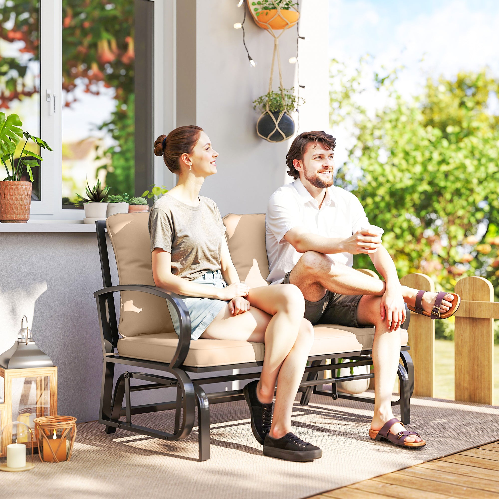 2-Person Outdoor Glider Chair, Khaki Steel Frame Patio Loveseat with Cushions-DECOROLALA