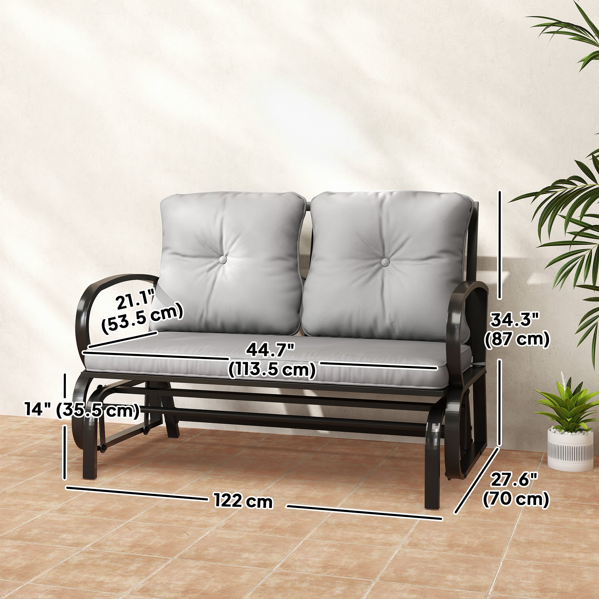 2-Person Outdoor Glider Chair, Steel Frame Patio Loveseat, Grey Cushions-DECOROLALA