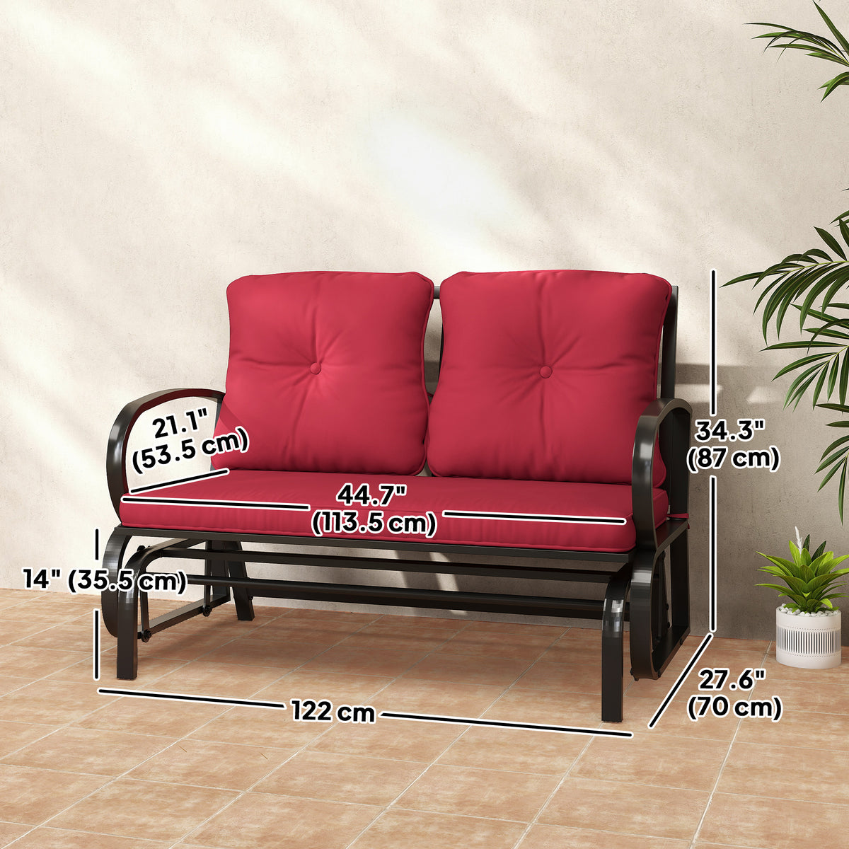 2-Person Outdoor Glider Loveseat - Red Steel-Outdoor Rocking Chairs & Gliders-DECOROLALA