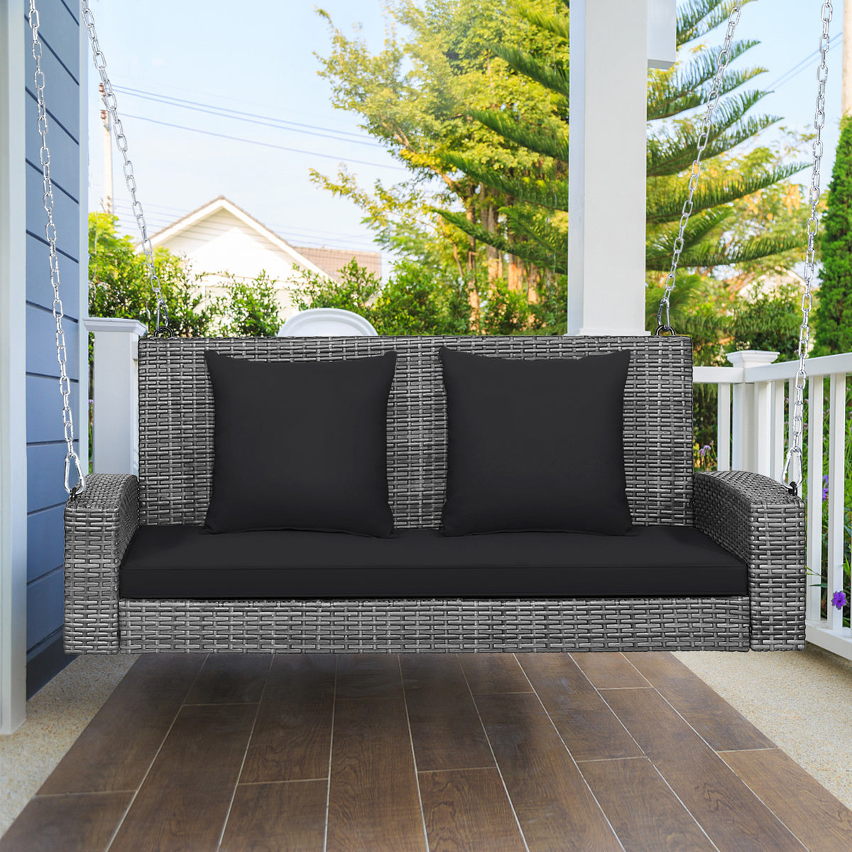 2-Person Patio PE Wicker Hanging Porch Swing Bench Chair Cushion 800 Pounds-Black-Porch Swings-DECOROLALA