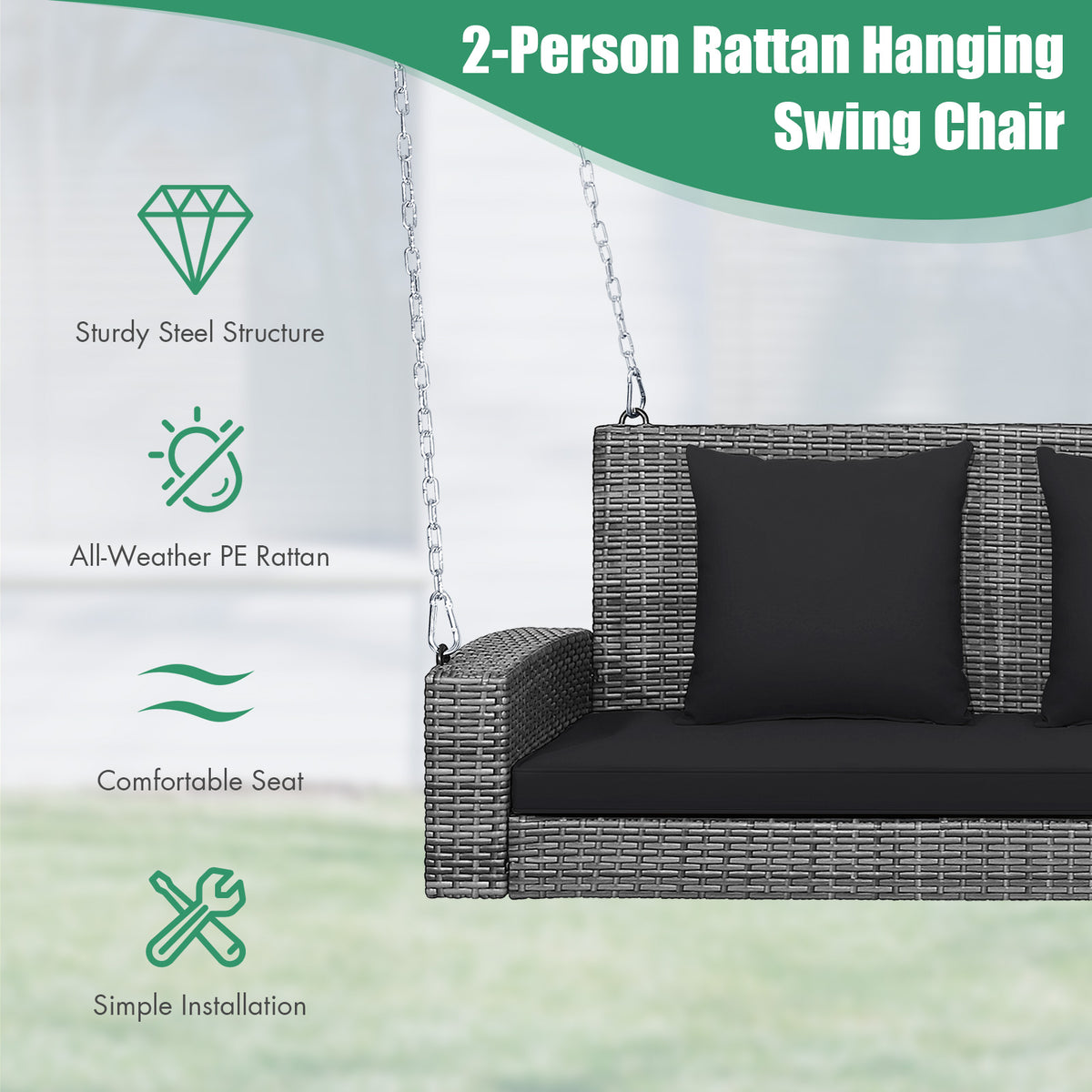 2-Person Patio PE Wicker Hanging Porch Swing Bench Chair Cushion 800 Pounds-Black-Porch Swings-DECOROLALA