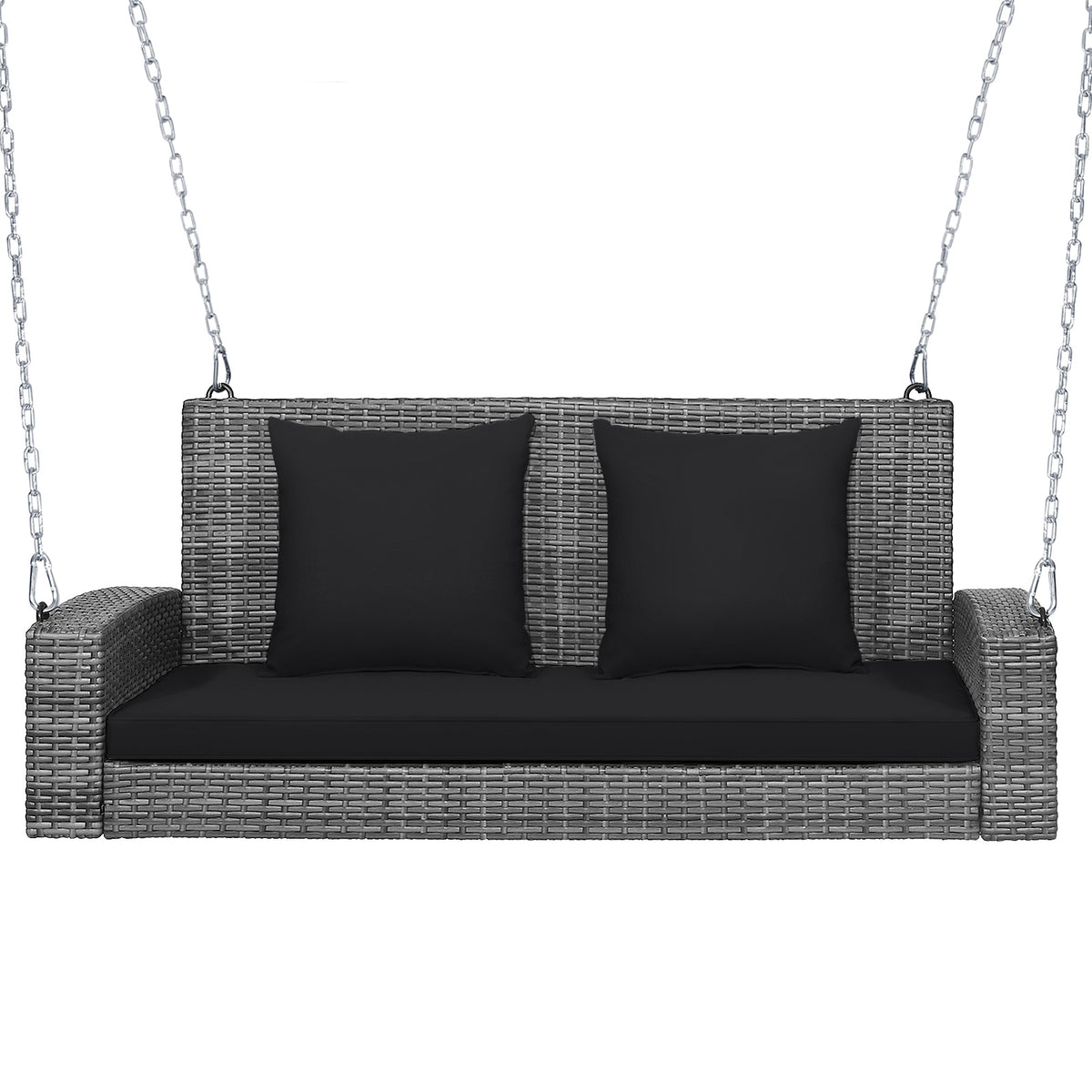 2-Person Patio PE Wicker Hanging Porch Swing Bench Chair Cushion 800 Pounds-Black-Porch Swings-DECOROLALA