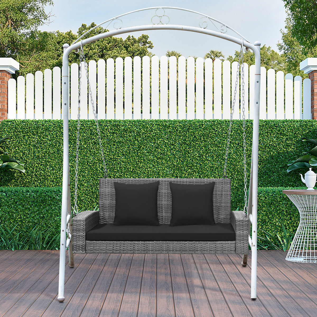 2-Person Patio PE Wicker Hanging Porch Swing Bench Chair Cushion 800 Pounds-Black-Porch Swings-DECOROLALA