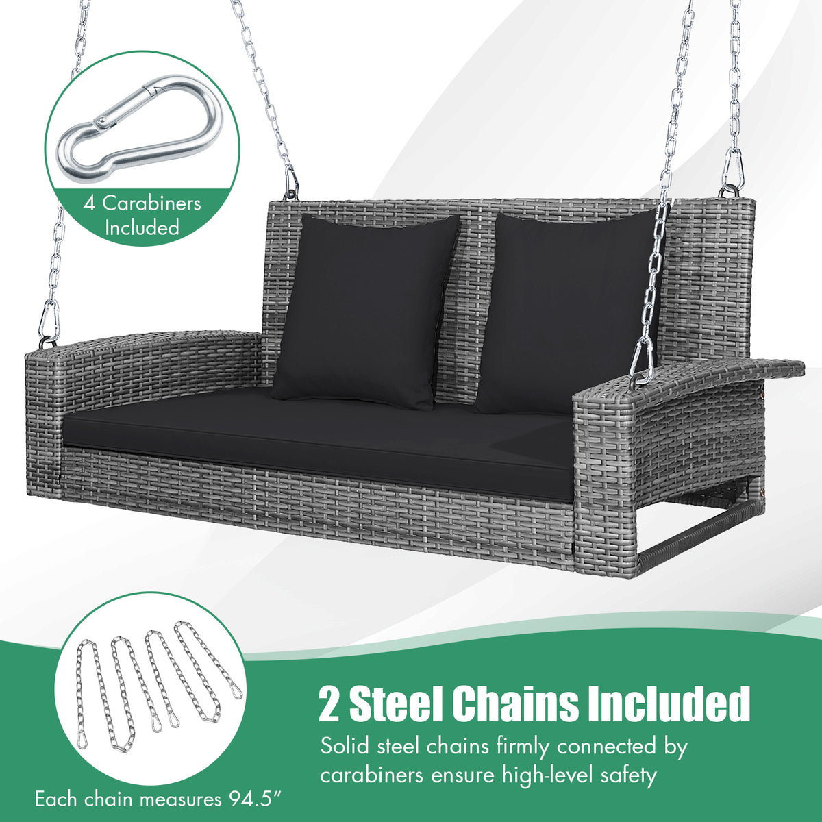 2-Person Patio PE Wicker Hanging Porch Swing Bench Chair Cushion 800 Pounds-Black-Porch Swings-DECOROLALA