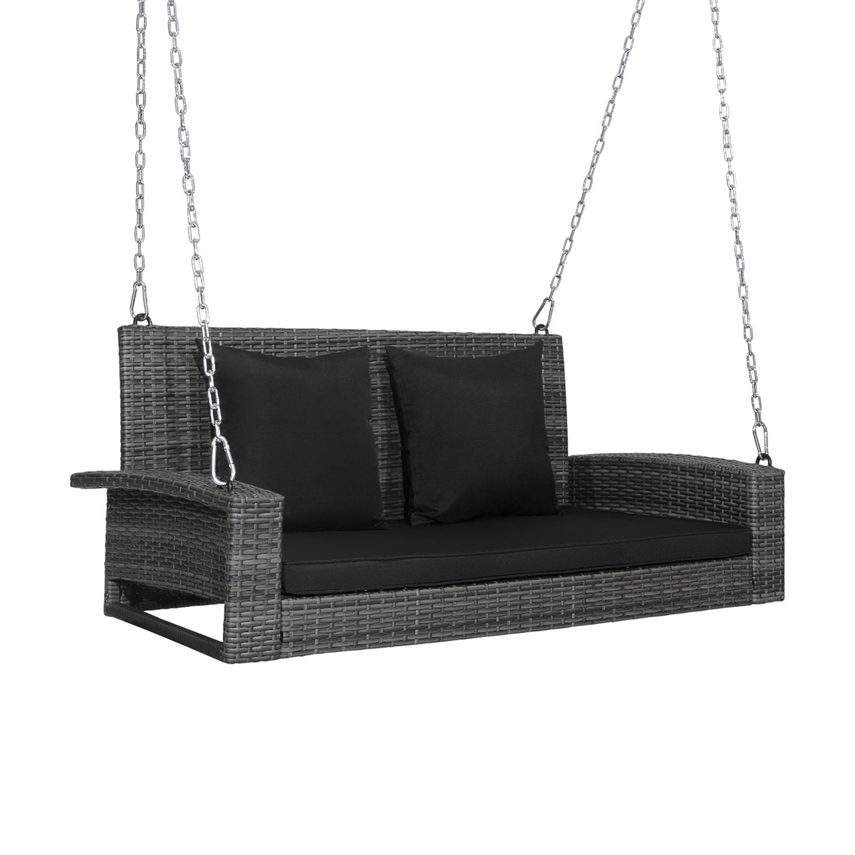 2-Person Patio PE Wicker Hanging Porch Swing Bench Chair Cushion 800 Pounds-Black-Porch Swings-DECOROLALA