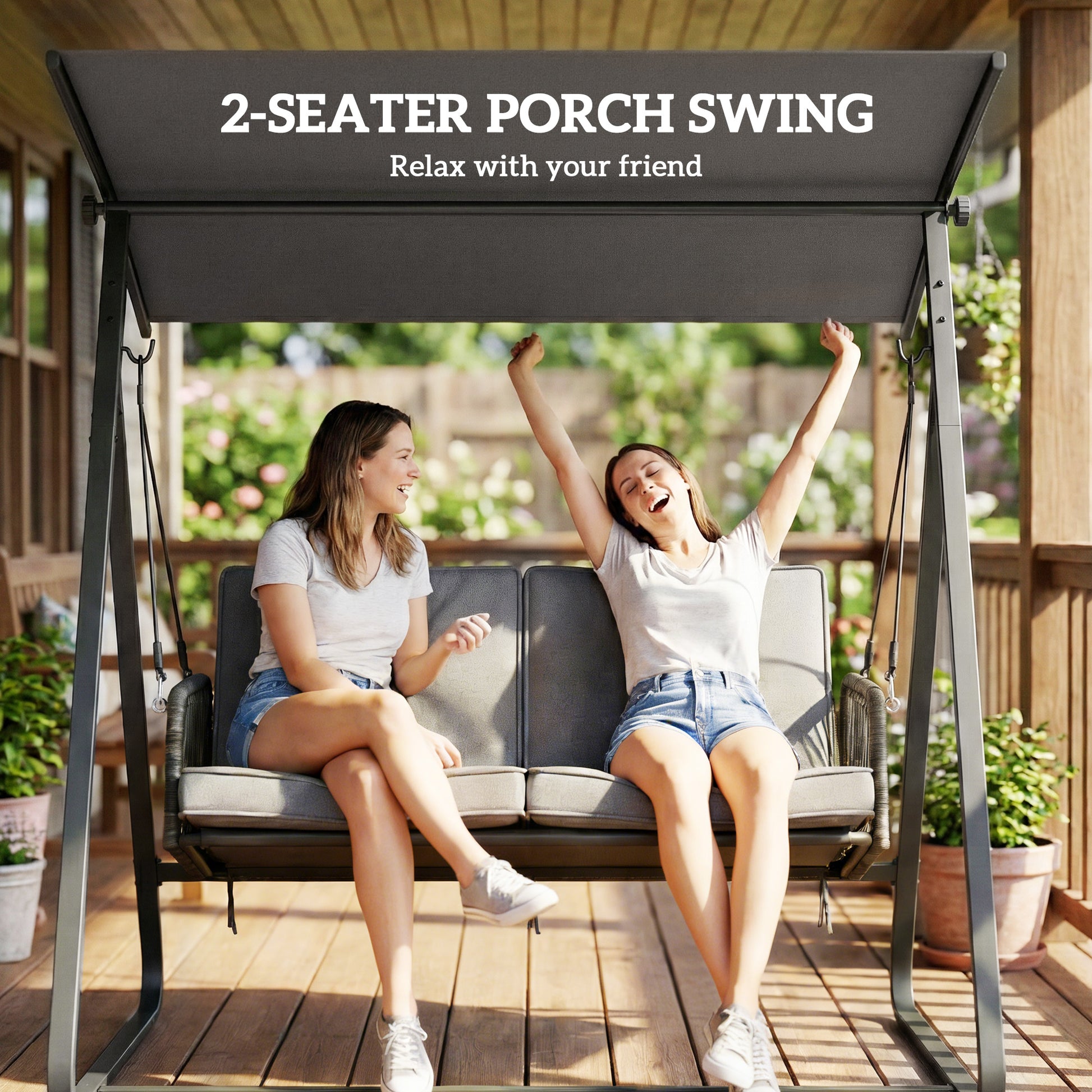 2-Person Patio Swing - Dark Grey Rattan Canopy-DECOROLALA