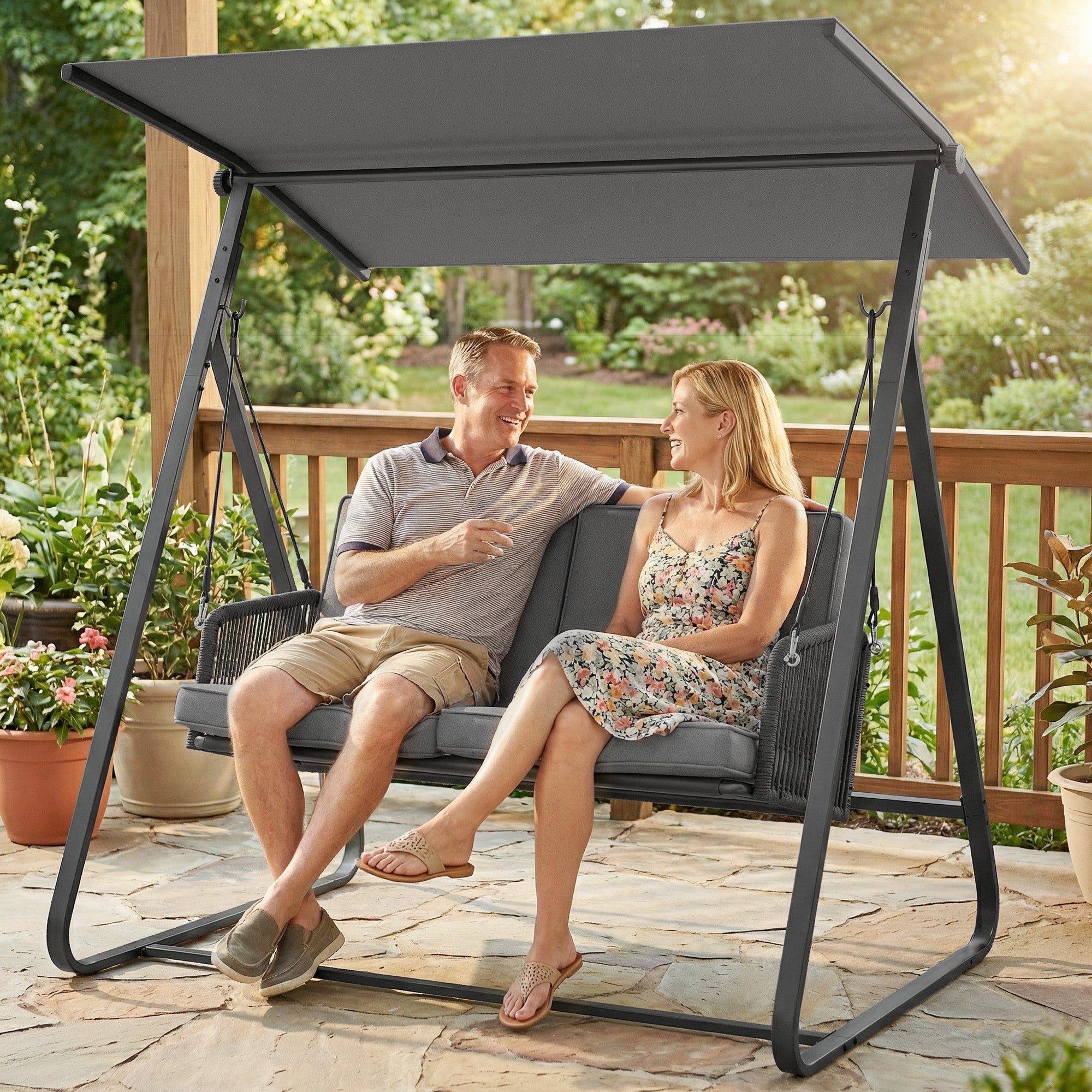 2-Person Patio Swing - Dark Grey Rattan Canopy-DECOROLALA