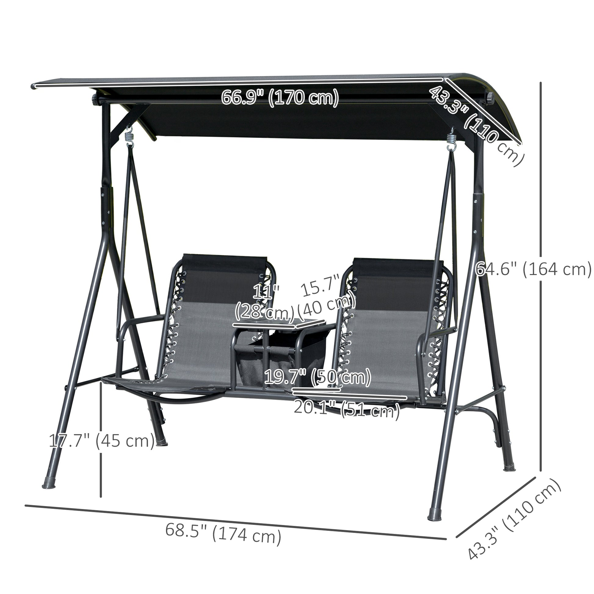 2 Person Patio Swing w/ Canopy - Black Storage-DECOROLALA
