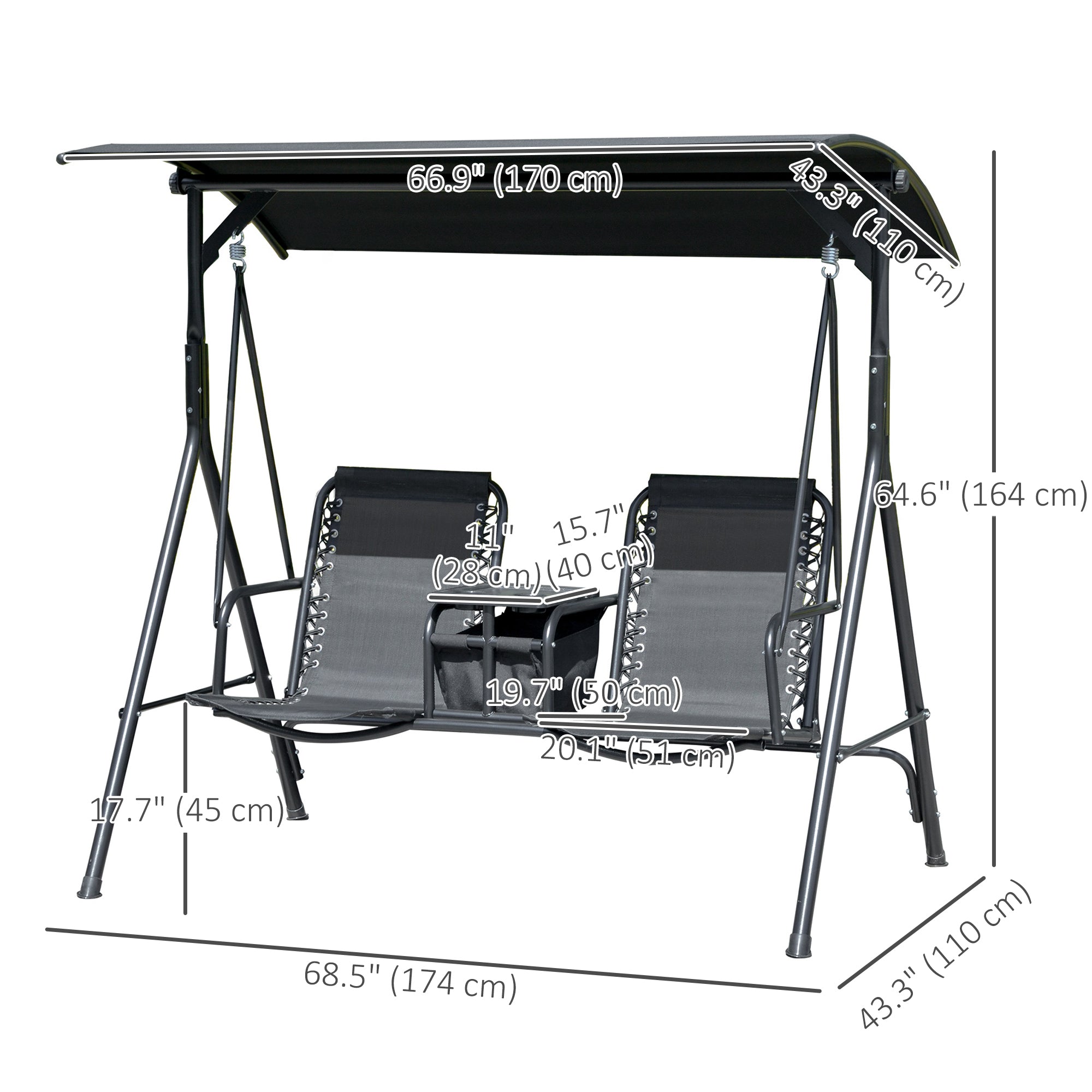 2 Person Patio Swing w/ Canopy - Black Storage-DECOROLALA