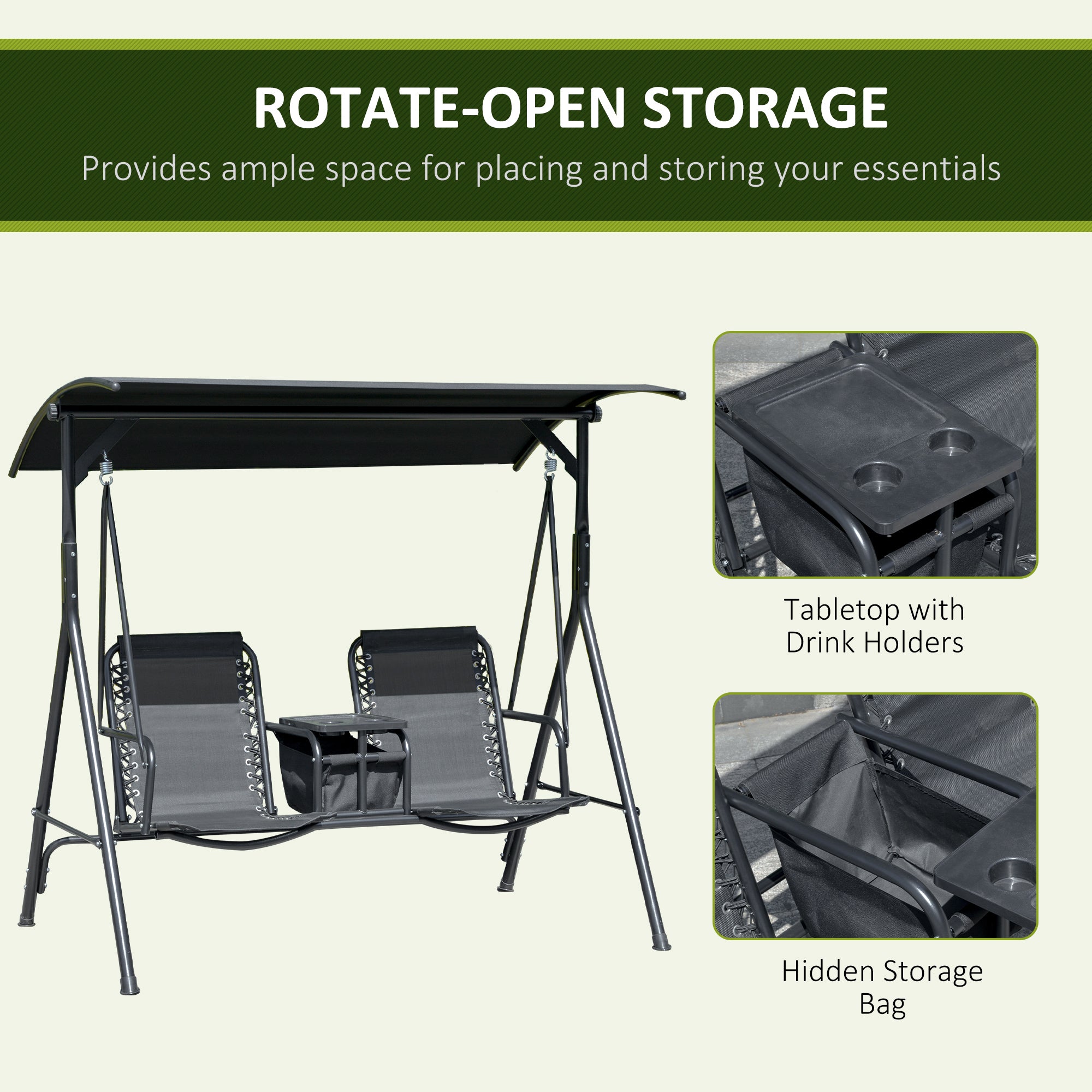 2 Person Patio Swing w/ Canopy - Black Storage-DECOROLALA