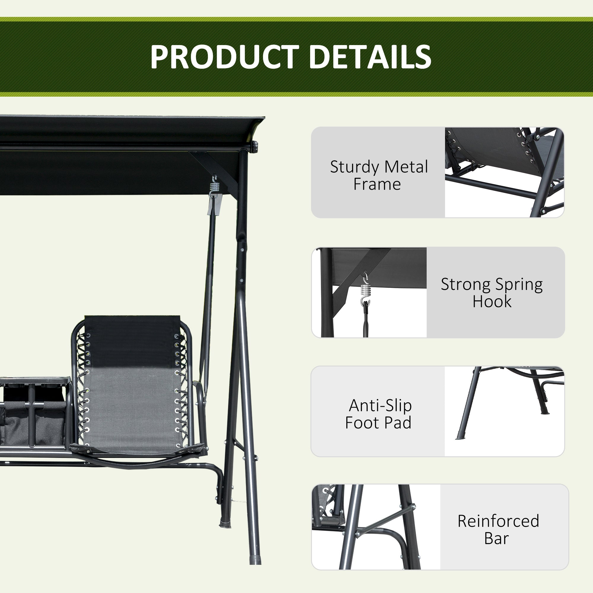 2 Person Patio Swing w/ Canopy - Black Storage-DECOROLALA