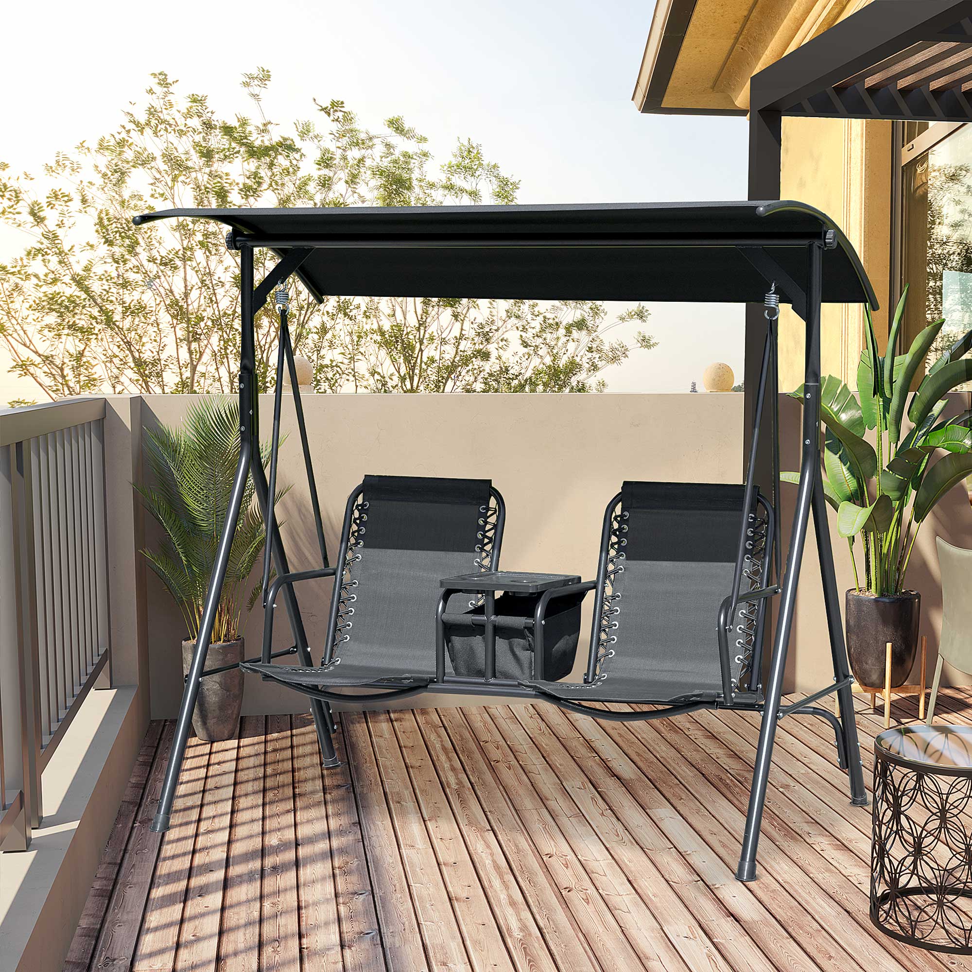 2 Person Patio Swing w/ Canopy - Black Storage-DECOROLALA