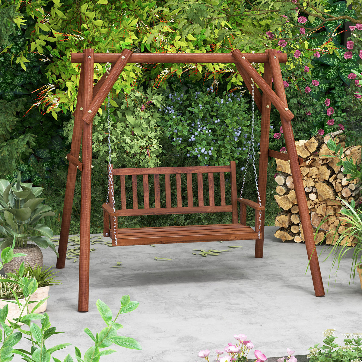 2-Person Wooden Outdoor Porch Swing with 500 lbs Weight Capacity-Brown-Porch Swings-DECOROLALA