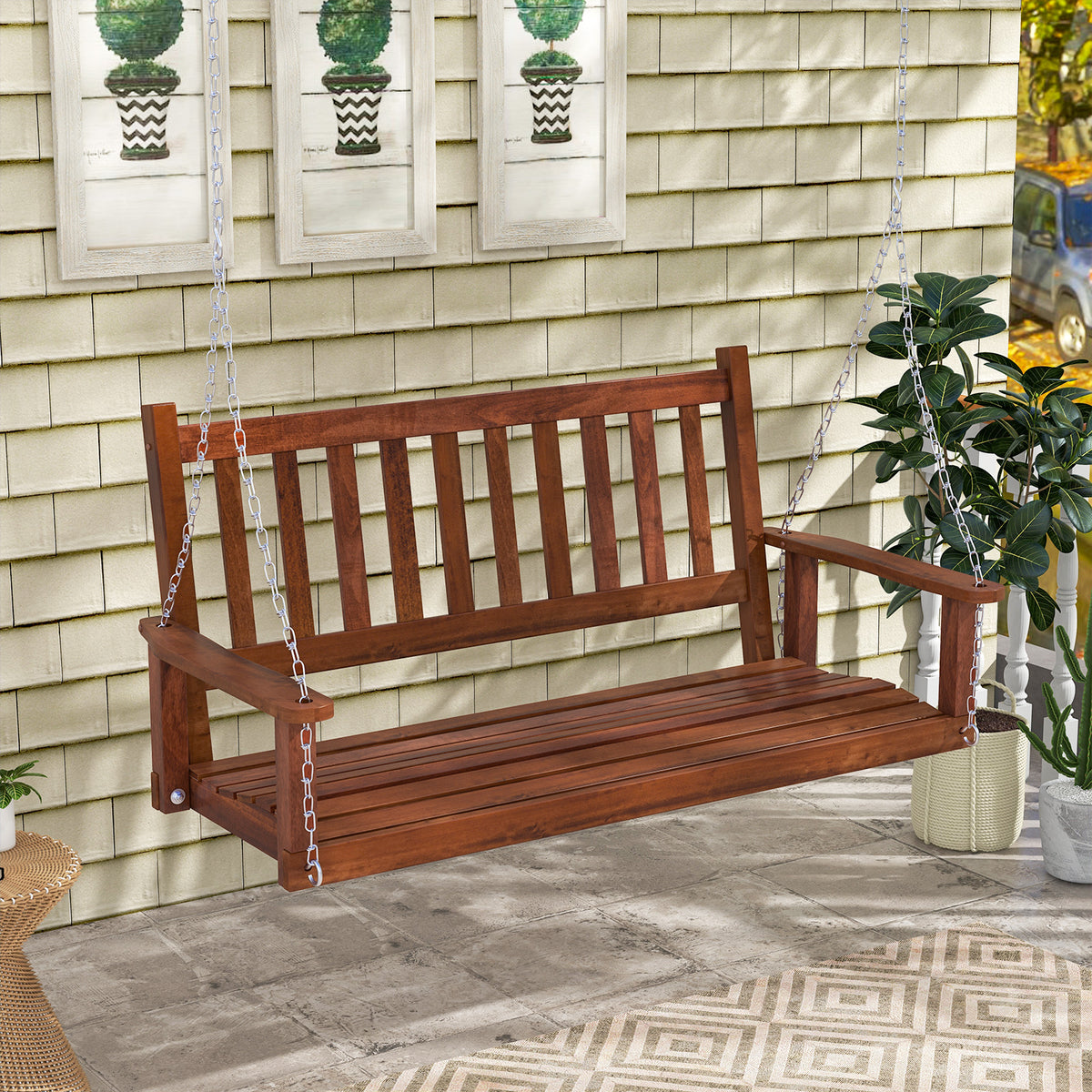 2-Person Wooden Outdoor Porch Swing with 500 lbs Weight Capacity-Brown-Porch Swings-DECOROLALA