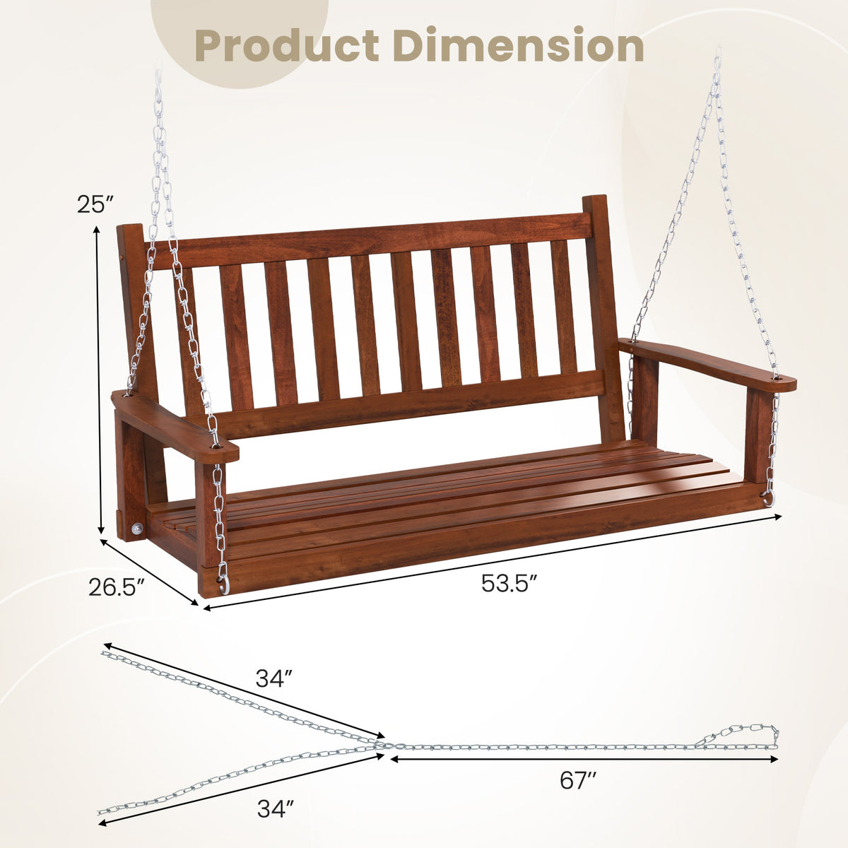 2-Person Wooden Outdoor Porch Swing with 500 lbs Weight Capacity-Brown-Porch Swings-DECOROLALA