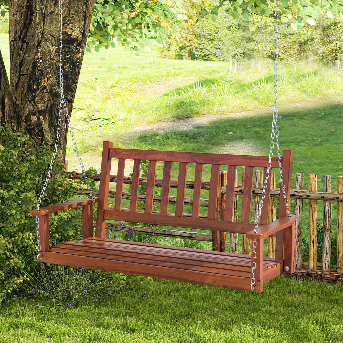 2-Person Wooden Outdoor Porch Swing with 500 lbs Weight Capacity-Brown-Porch Swings-DECOROLALA