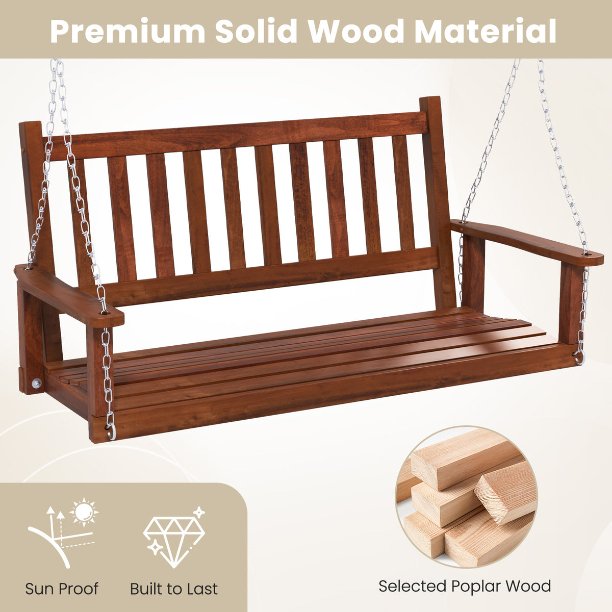 2-Person Wooden Outdoor Porch Swing with 500 lbs Weight Capacity-Brown-Porch Swings-DECOROLALA