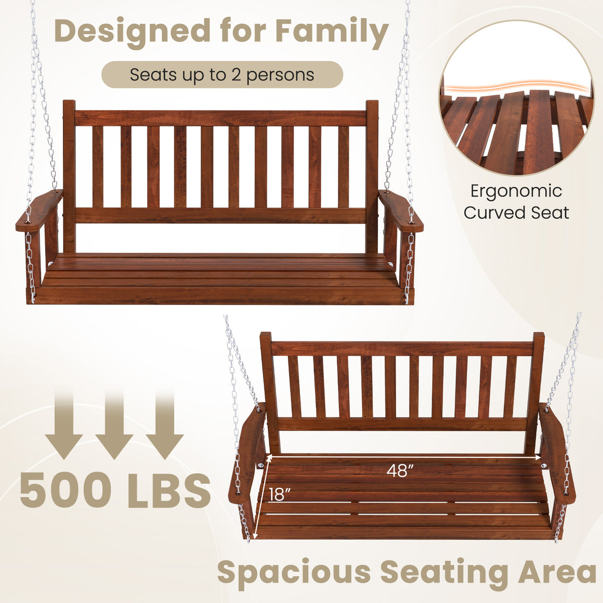 2-Person Wooden Outdoor Porch Swing with 500 lbs Weight Capacity-Brown-Porch Swings-DECOROLALA