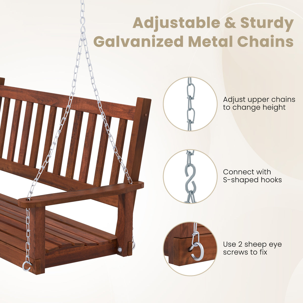 2-Person Wooden Outdoor Porch Swing with 500 lbs Weight Capacity-Brown-Porch Swings-DECOROLALA