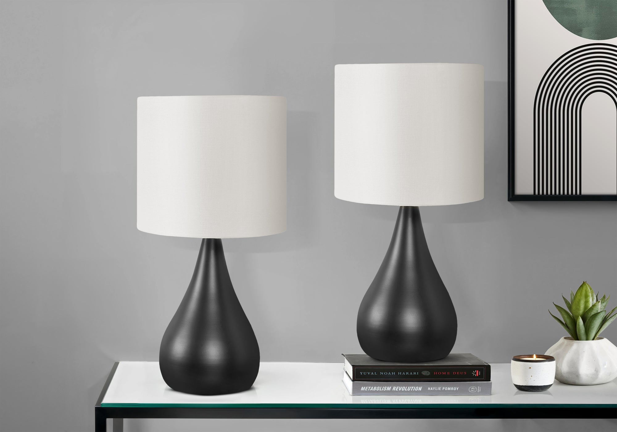 2-Piece 18" Table Lamp Set, Black Metal Base, Ivory Shade-Lighting-DECOROLALA