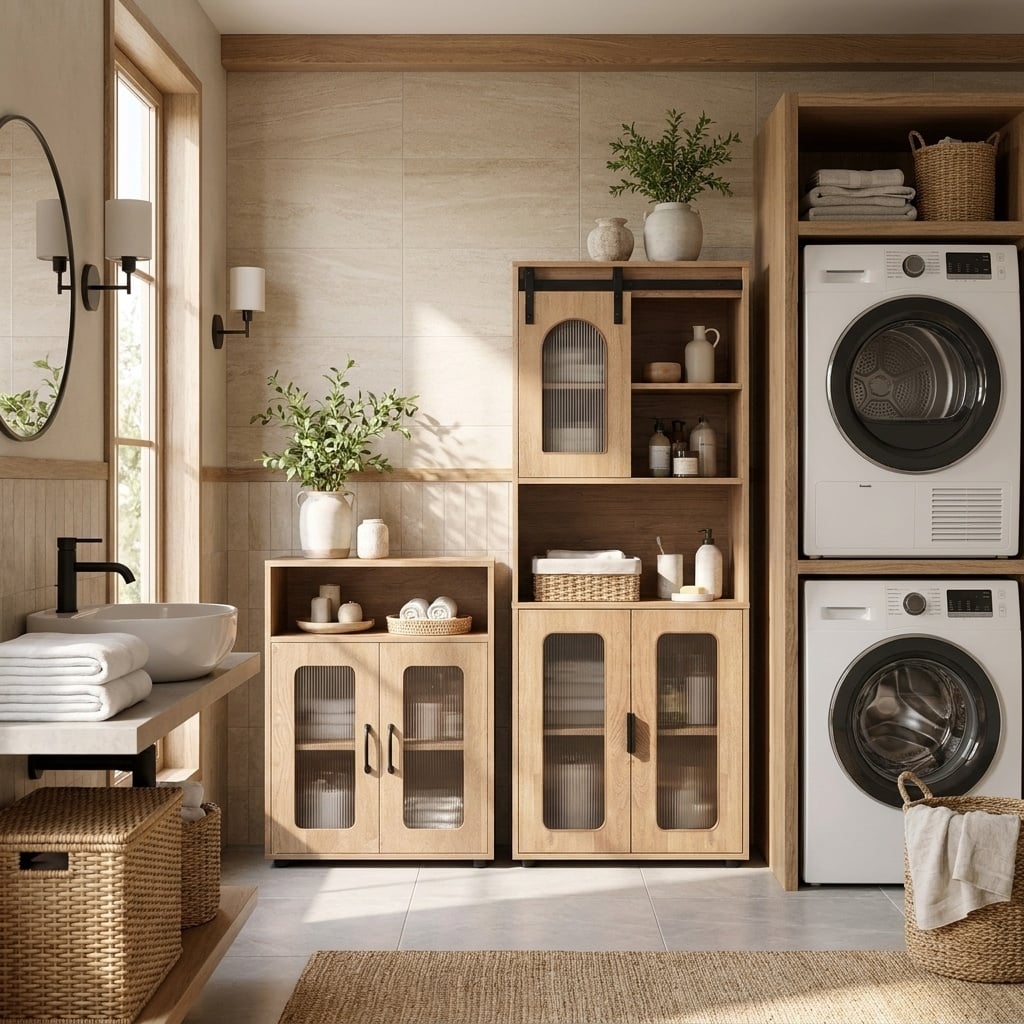 2-Piece Bathroom Cabinet Set - 59" Tall & 33" Floor - Natural-Floor Cabinets-DECOROLALA