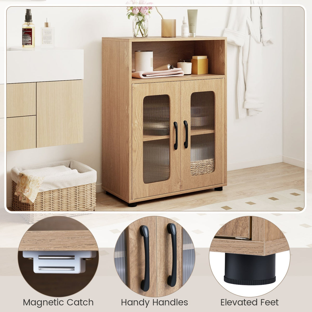 2-Piece Bathroom Cabinet Set - 59" Tall & 33" Floor - Natural-Floor Cabinets-DECOROLALA