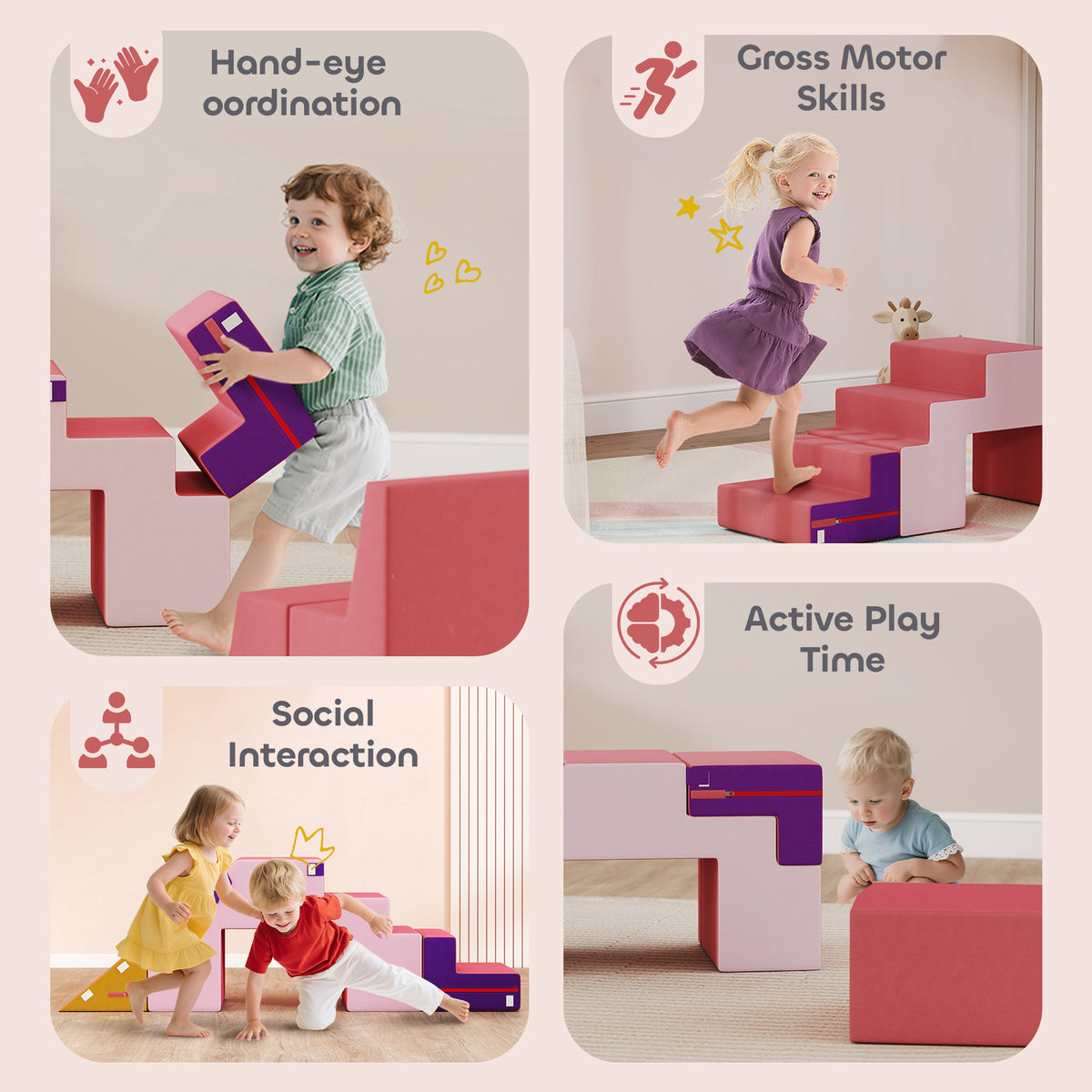 2-Piece Climbing Foam Blocks for Toddlers - Pink Soft Play Set-Toys & Games > Baby & Toddler Toys > Kids Gym & Playmats-DECOROLALA