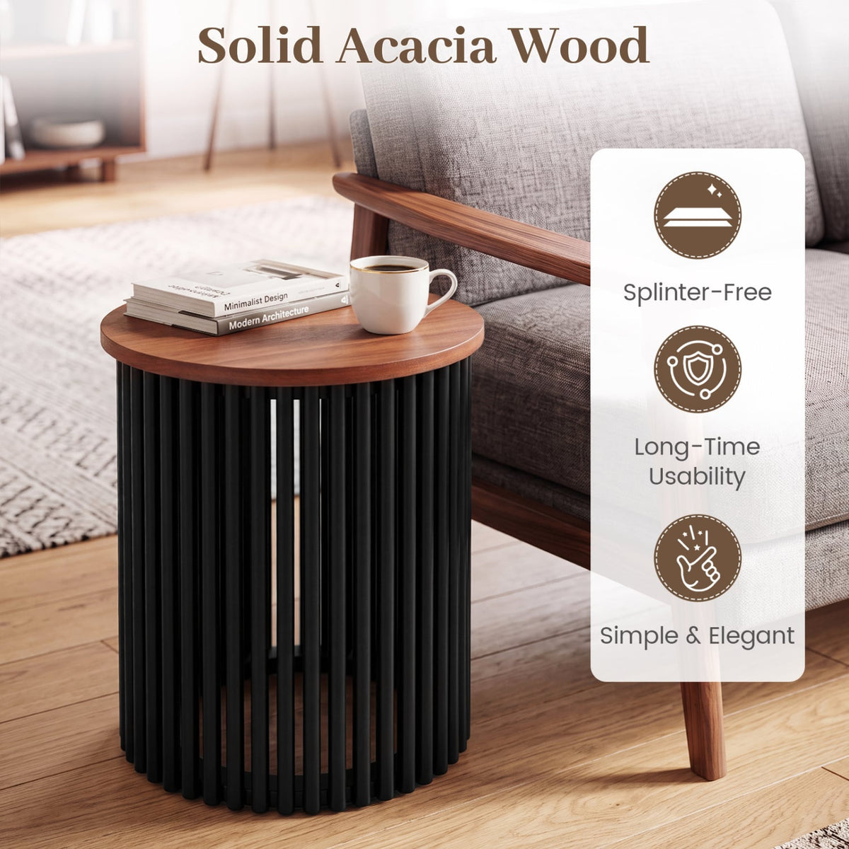 2 Piece Elegant Round Acacia Wood Coffee Table for Living Room and Home Office-Walnut-Coffee Tables-DECOROLALA