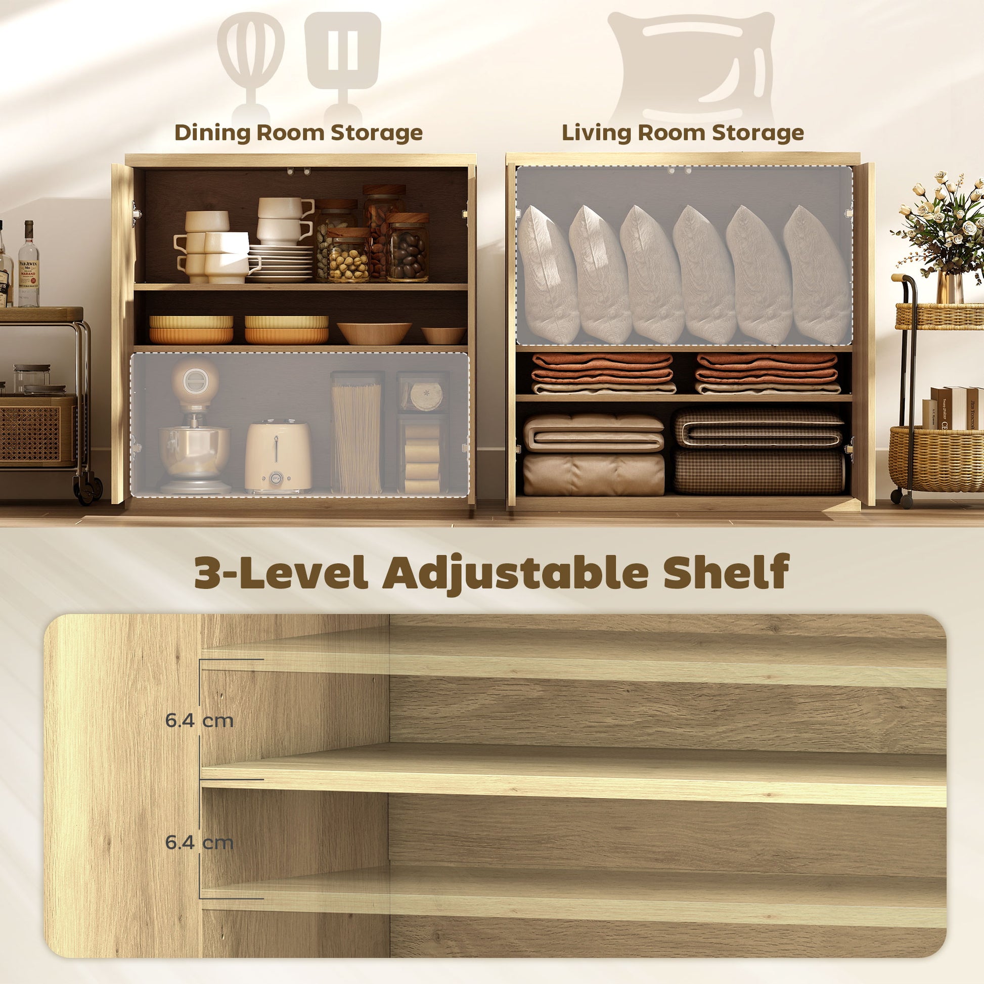 2-Piece Fluted Sideboard Buffet Cabinet Set - Oak-DECOROLALA