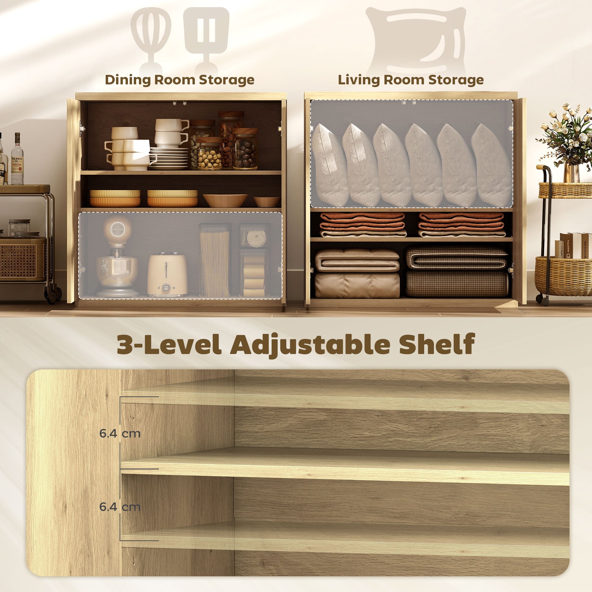 2-Piece Fluted Sideboard Buffet Cabinet Set - Oak-DECOROLALA