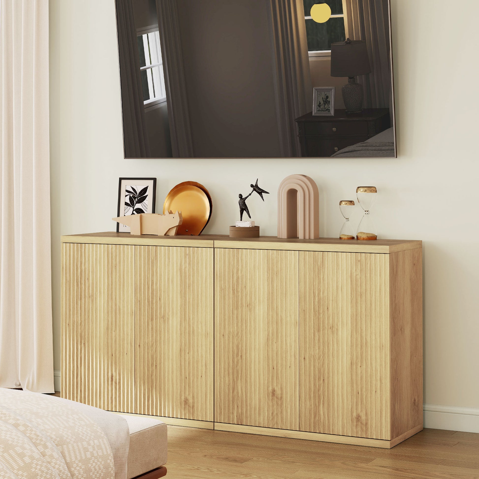 2-Piece Fluted Sideboard Buffet Cabinet Set - Oak-DECOROLALA