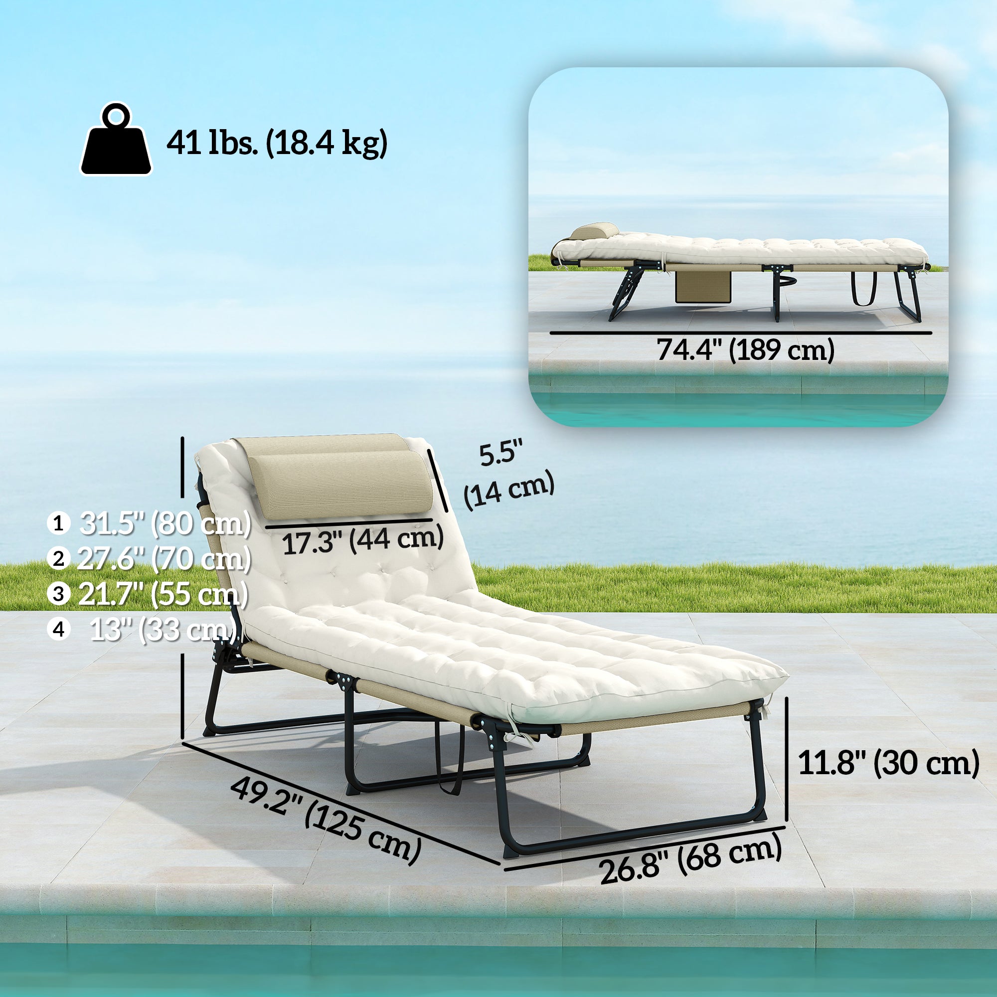 2-Piece Folding Lounge Chairs, Beige Adjustable Backrest, Tanning, Cushion, Pocket-DECOROLALA