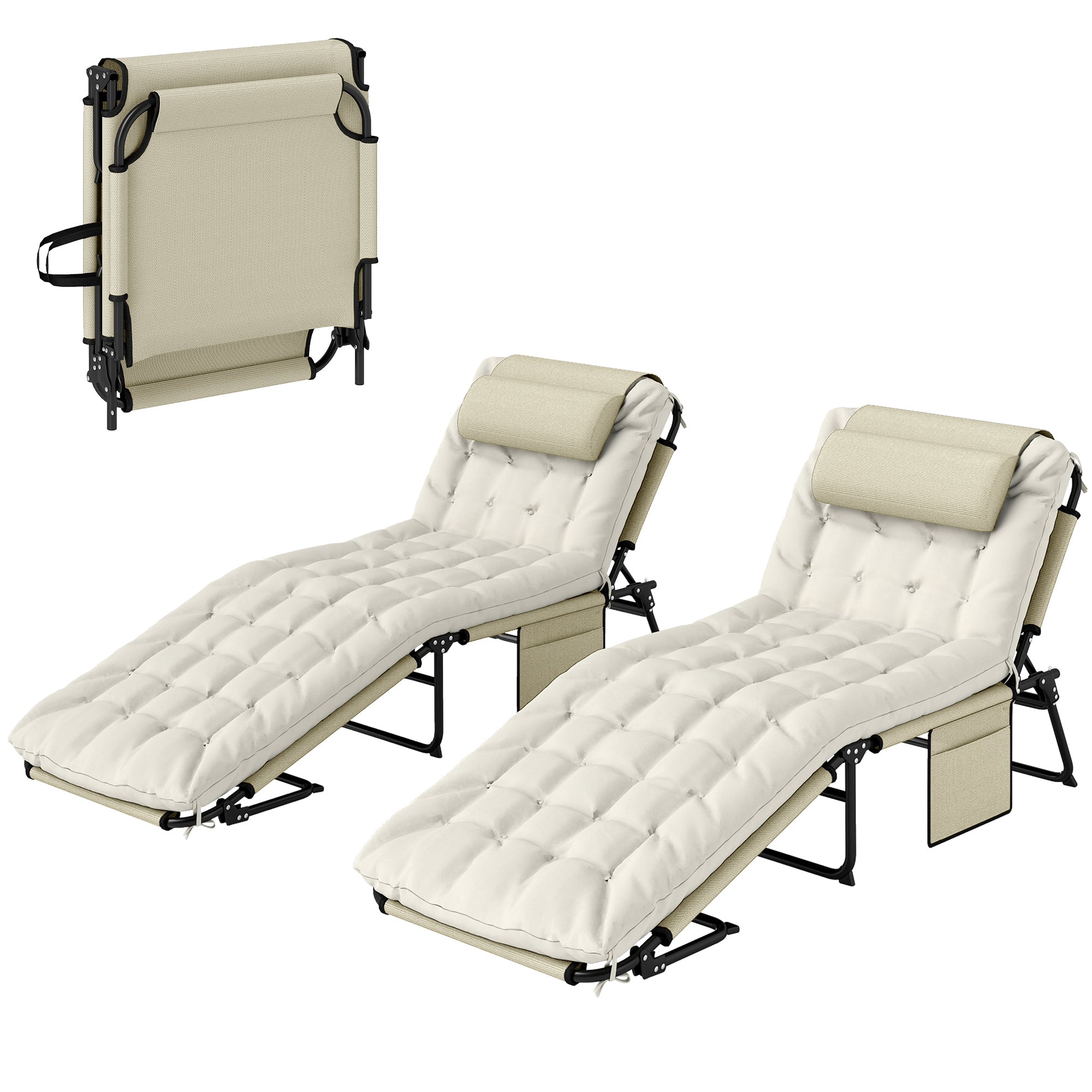 2-Piece Folding Lounge Chairs, Beige Adjustable Backrest, Tanning, Cushion, Pocket-DECOROLALA