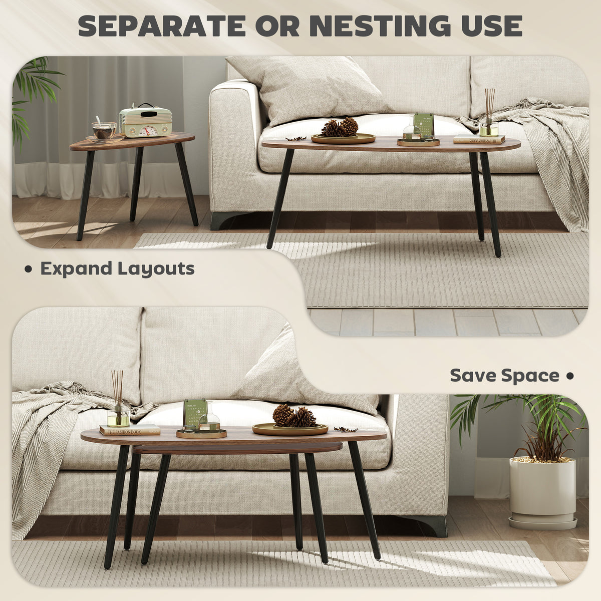 2-Piece Nesting Coffee Table Set - Industrial Brown Wood Finish-Coffee Tables-DECOROLALA