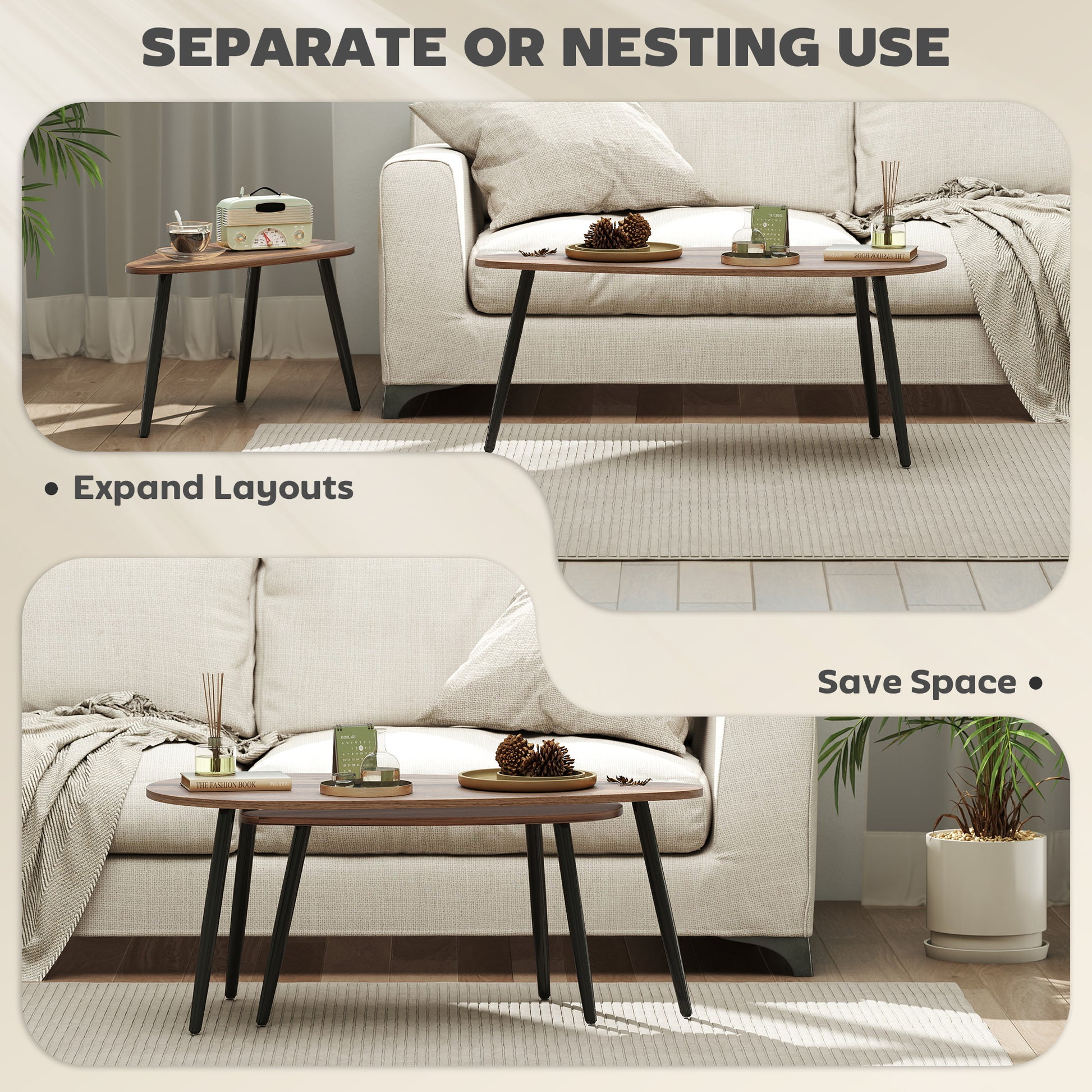 2 Pieces Coffee Table Set for Living Room, Industrial Nest of Tables with Steel Legs, Brown-Home Furnishings > Living Room Furniture > Coffee Tables-DECOROLALA