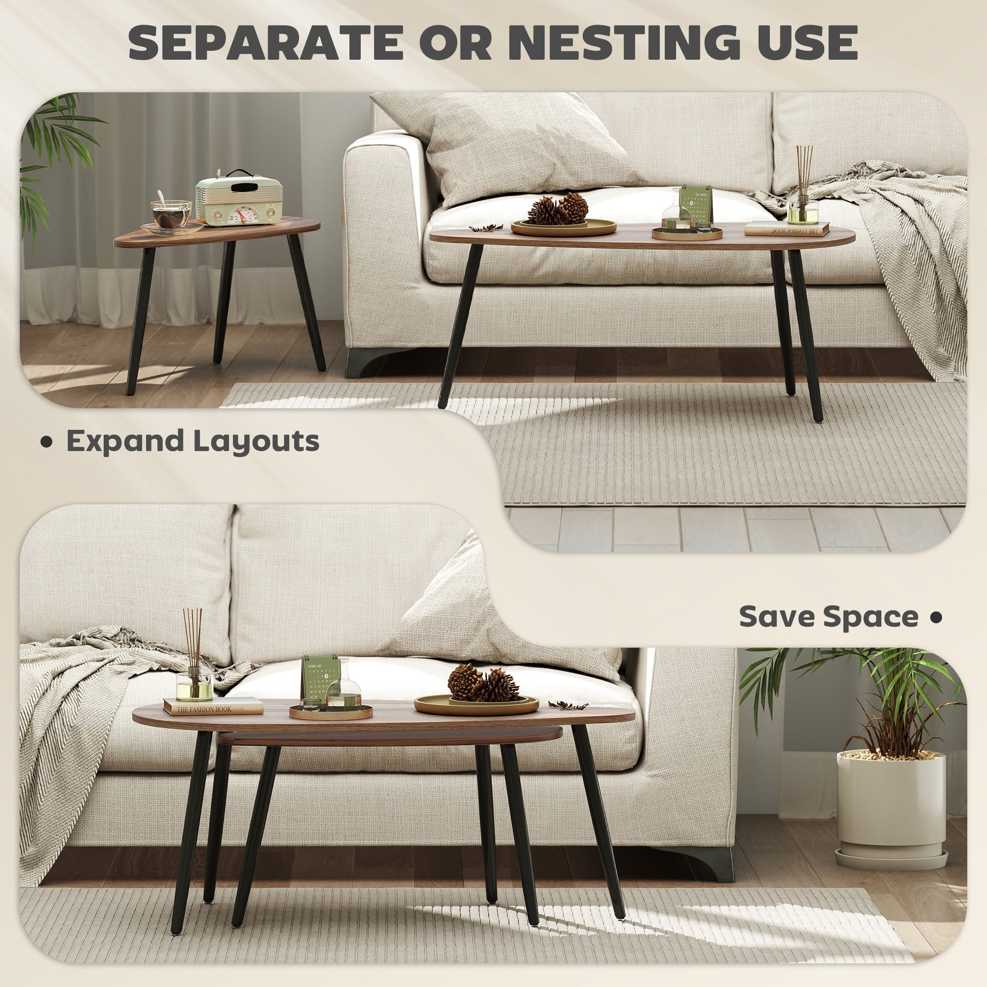 2 Pieces Coffee Table Set for Living Room, Industrial Nest of Tables with Steel Legs, Brown-Home Furnishings > Living Room Furniture > Coffee Tables-DECOROLALA