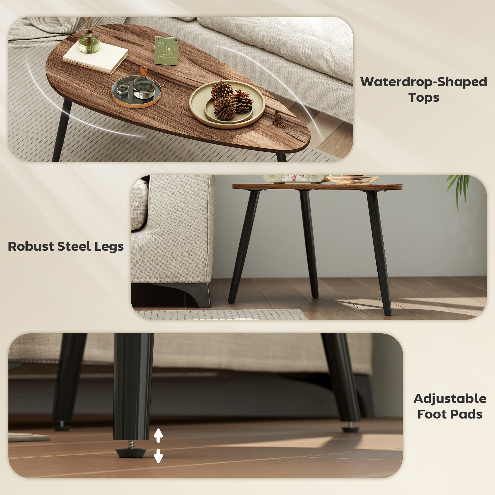 2 Pieces Coffee Table Set for Living Room, Industrial Nest of Tables with Steel Legs, Brown-Home Furnishings > Living Room Furniture > Coffee Tables-DECOROLALA
