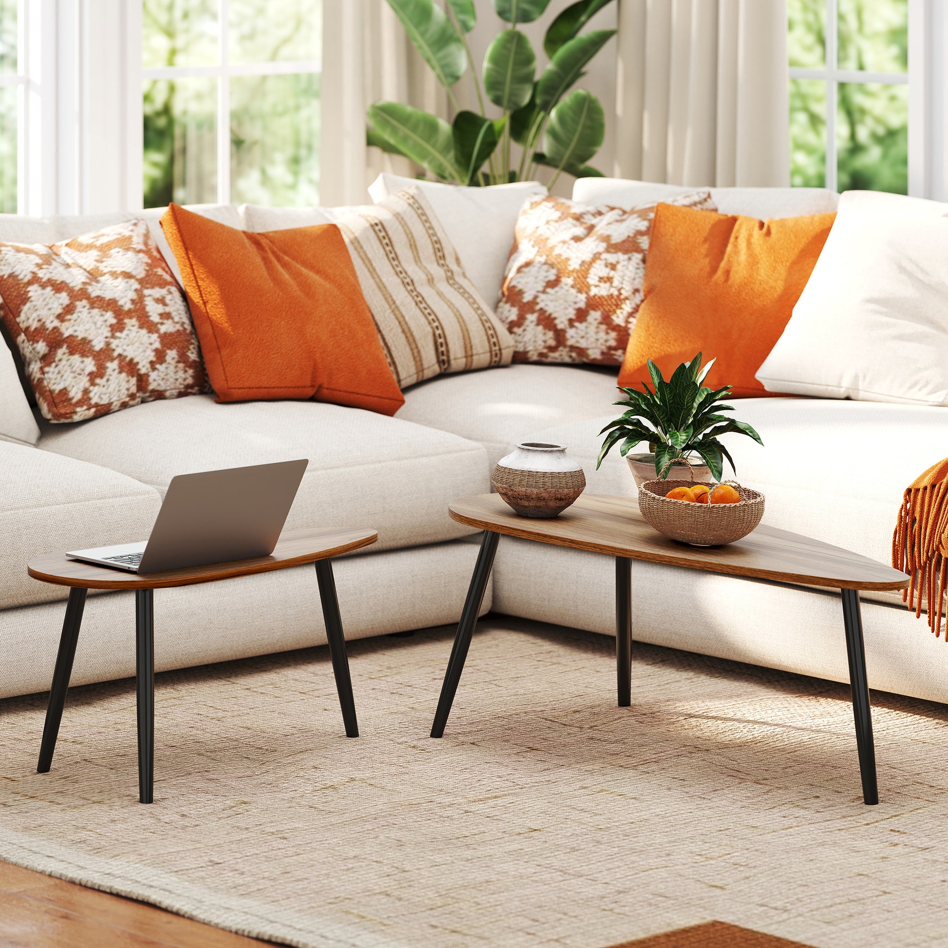 2 Pieces Coffee Table Set for Living Room, Industrial Nest of Tables with Steel Legs, Brown-Home Furnishings > Living Room Furniture > Coffee Tables-DECOROLALA