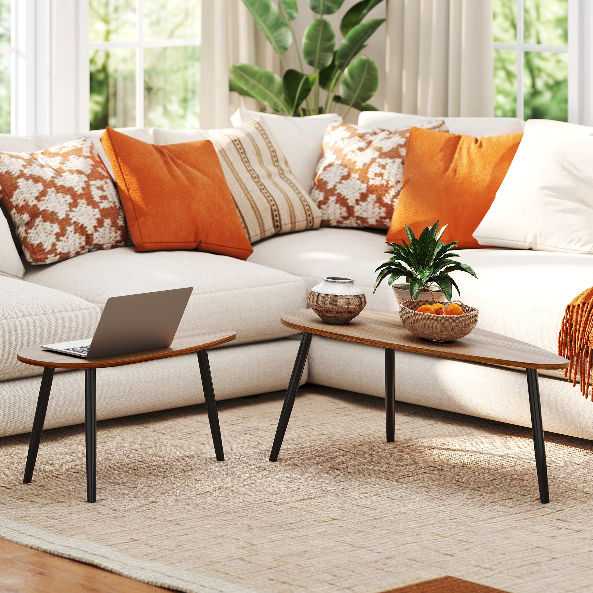 2 Pieces Coffee Table Set for Living Room, Industrial Nest of Tables with Steel Legs, Brown-Home Furnishings > Living Room Furniture > Coffee Tables-DECOROLALA