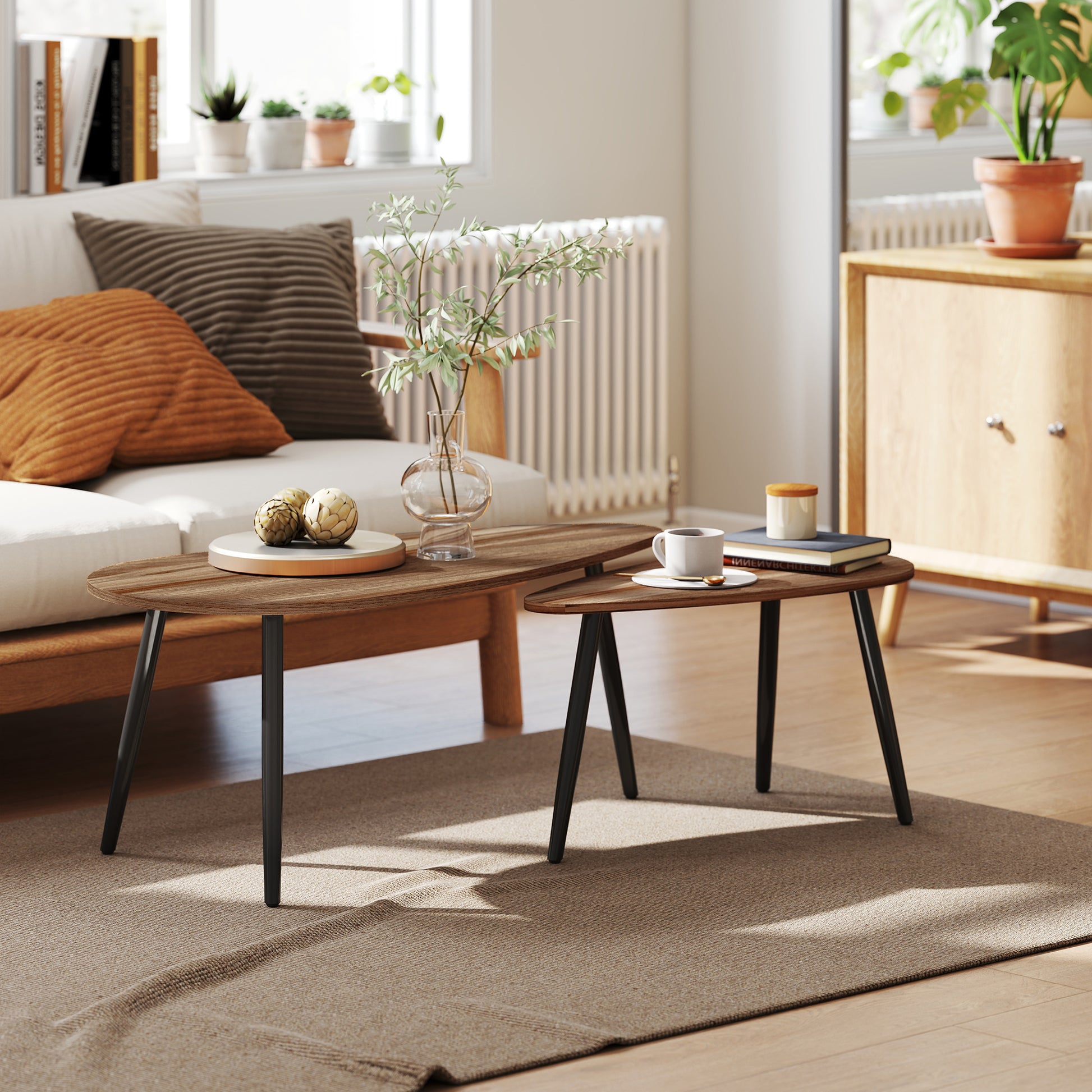 2 Pieces Coffee Table Set for Living Room, Industrial Nest of Tables with Steel Legs, Brown-Home Furnishings > Living Room Furniture > Coffee Tables-DECOROLALA