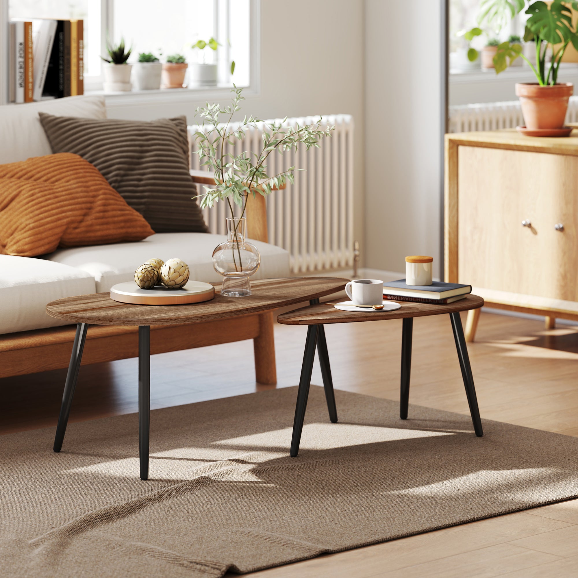 2 Pieces Coffee Table Set for Living Room, Industrial Nest of Tables with Steel Legs, Brown-Home Furnishings > Living Room Furniture > Coffee Tables-DECOROLALA